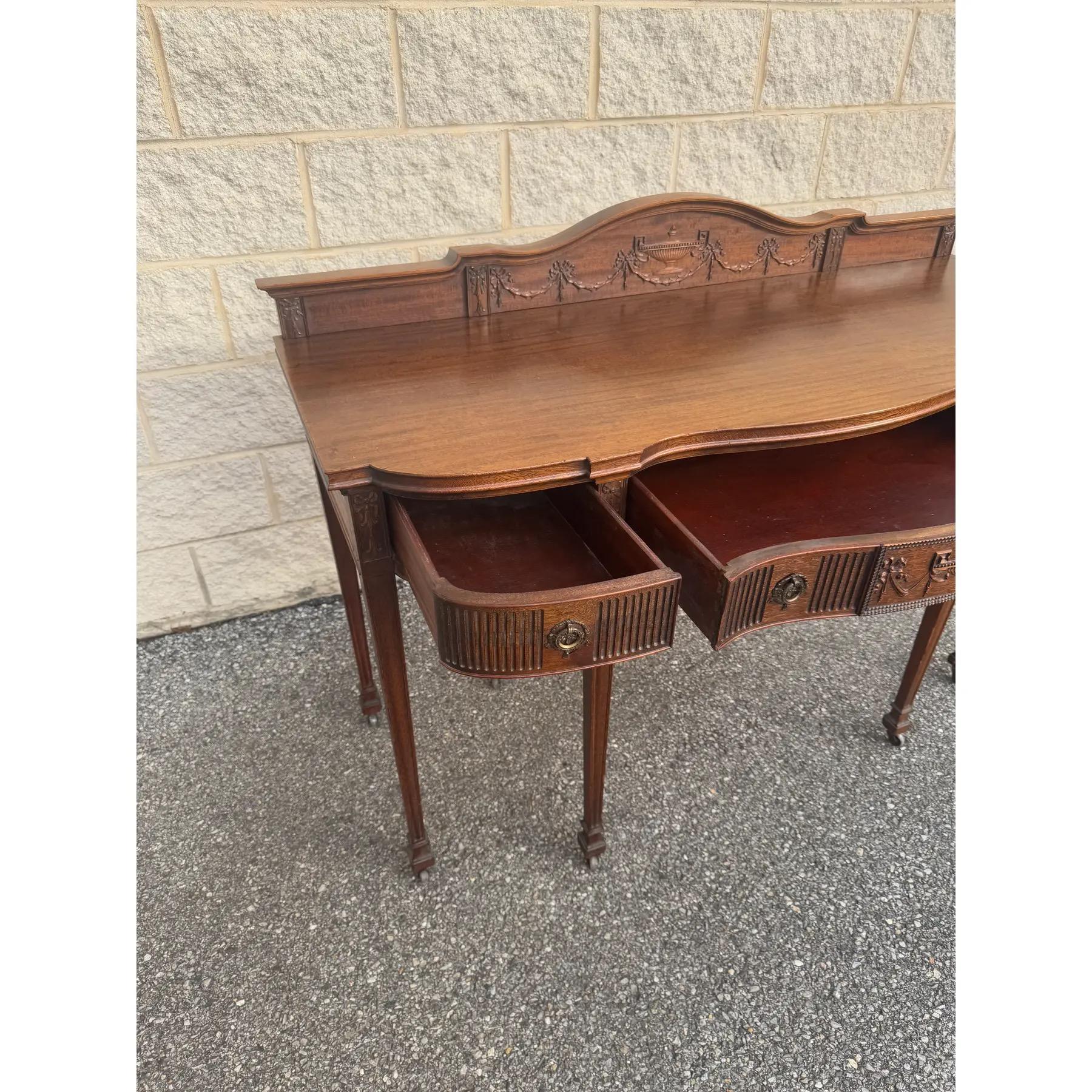 Federal-Style Mahogany Bow-Front Sideboard With Carved Backsplash and Brass Hard For Sale 4