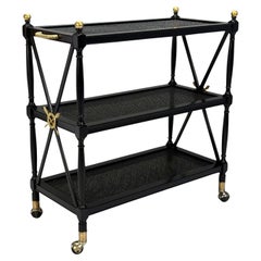 Vintage Federal Style, Painted Wood, Cane, Ebonized Bar Cart, USA, 1970s