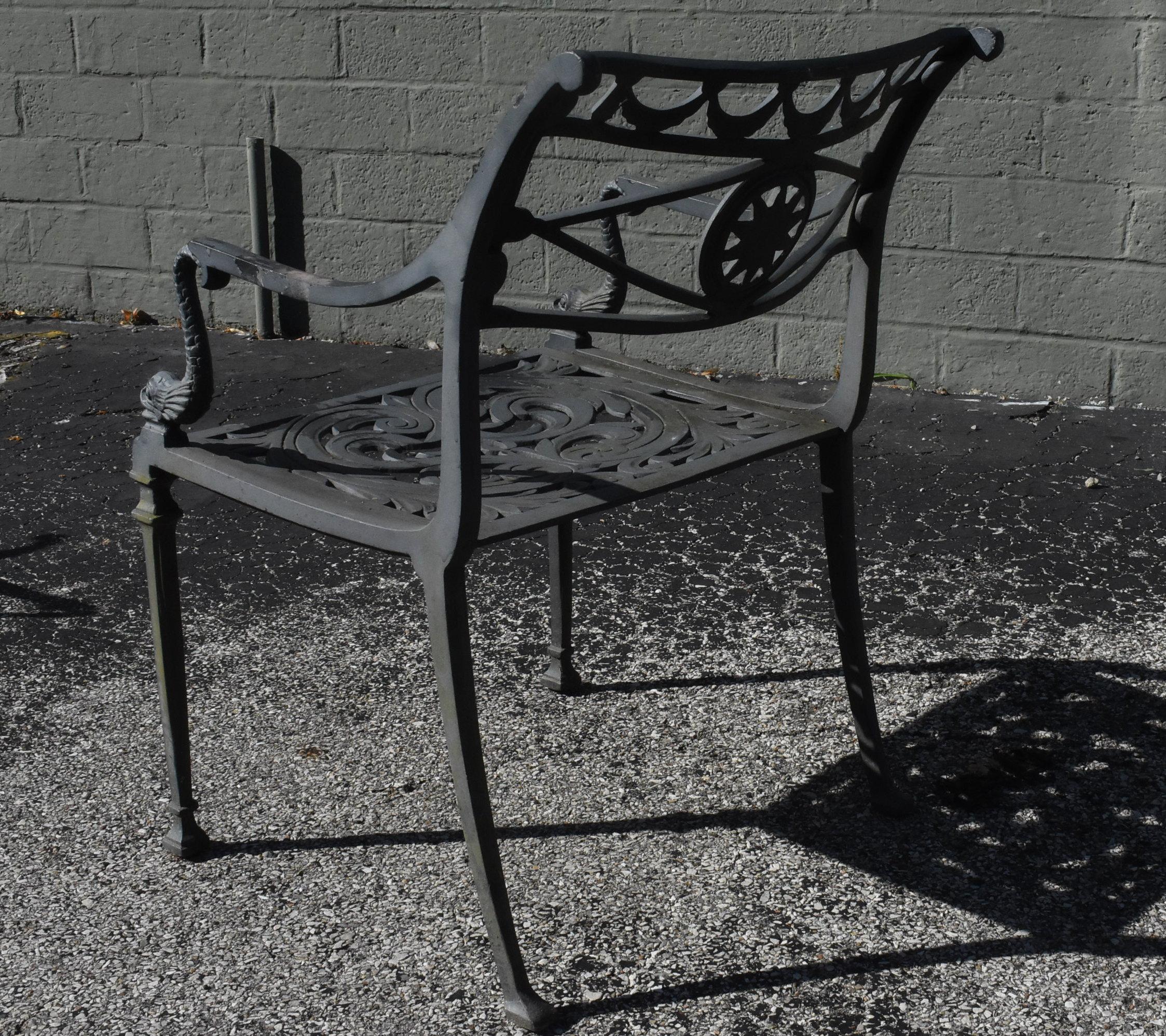 Heavy cast aluminum patio set in the Federal style attributed to Molla. 42