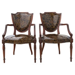 Federal Style Shield Back Chairs with Faux Tortoise Leather Seats, pair