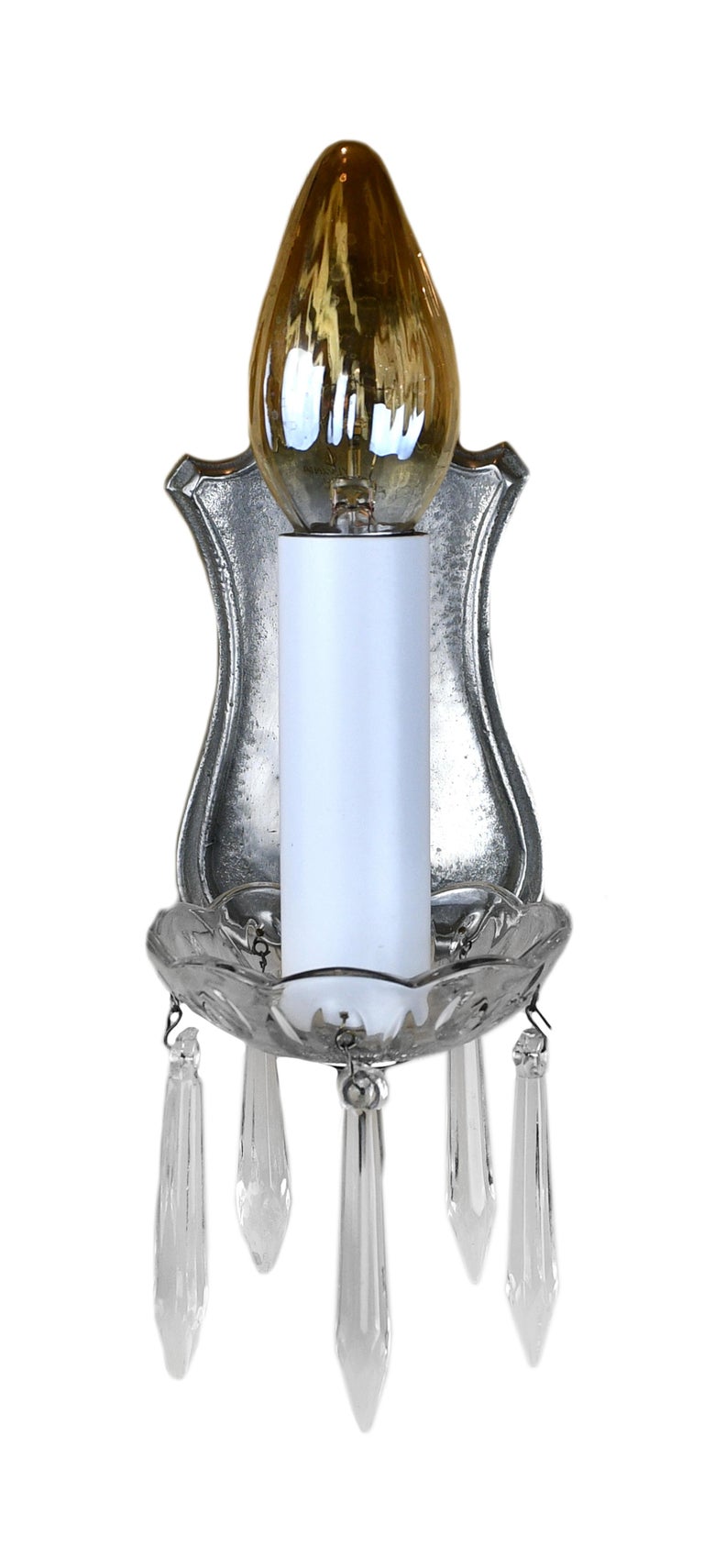 Federal Style Silver Plated Brass Sconce with Hanging Crystals For Sale