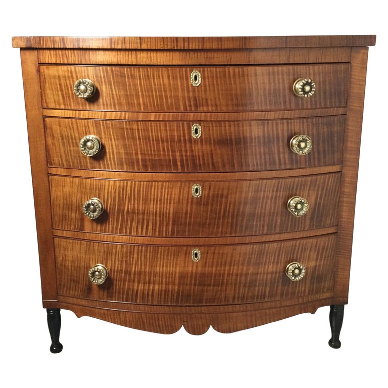 Federal Tiger Maple and Cherry Bow Front Chest of Drawers For Sale at