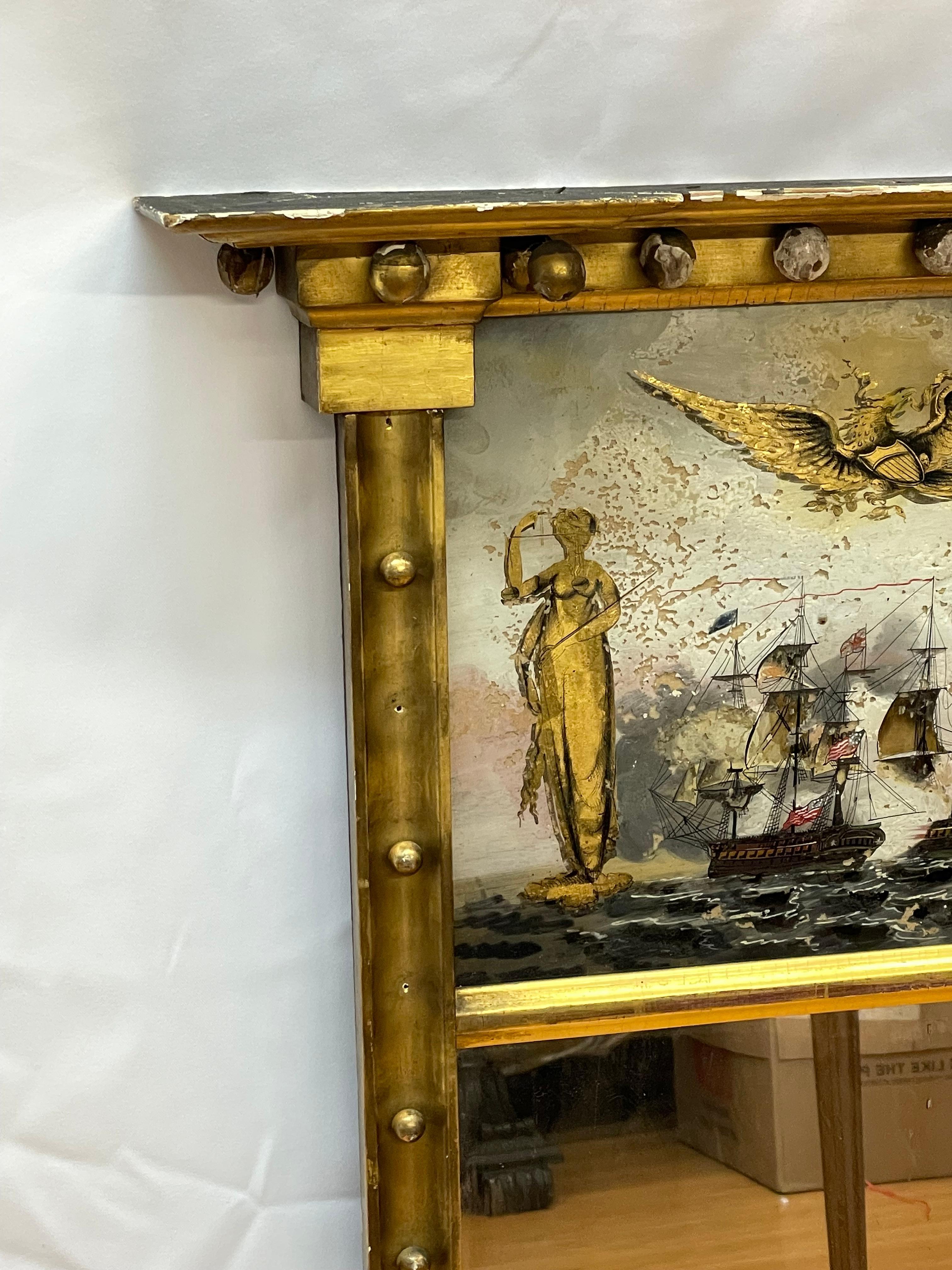Federal. Trumeau Mirror With Reverse Painted Maritime Scene In Fair Condition For Sale In San Francisco, CA