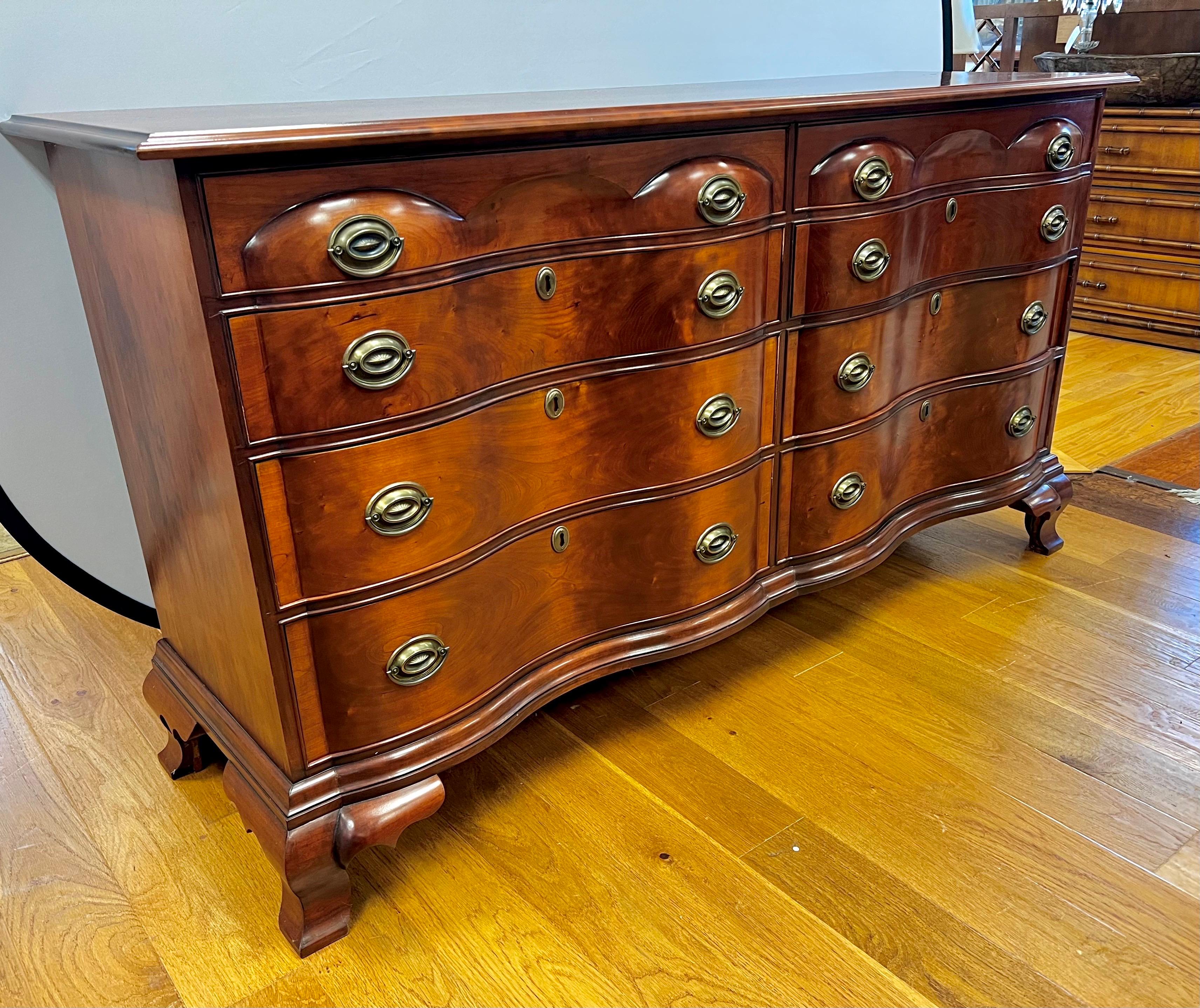 This Federalist mahogany double dresser exudes timeless elegance, featuring exquisite craftsmanship. With eight spacious drawers, it offers ample storage while showcasing original hardware that reflects its classic design.  Why not own the best?
