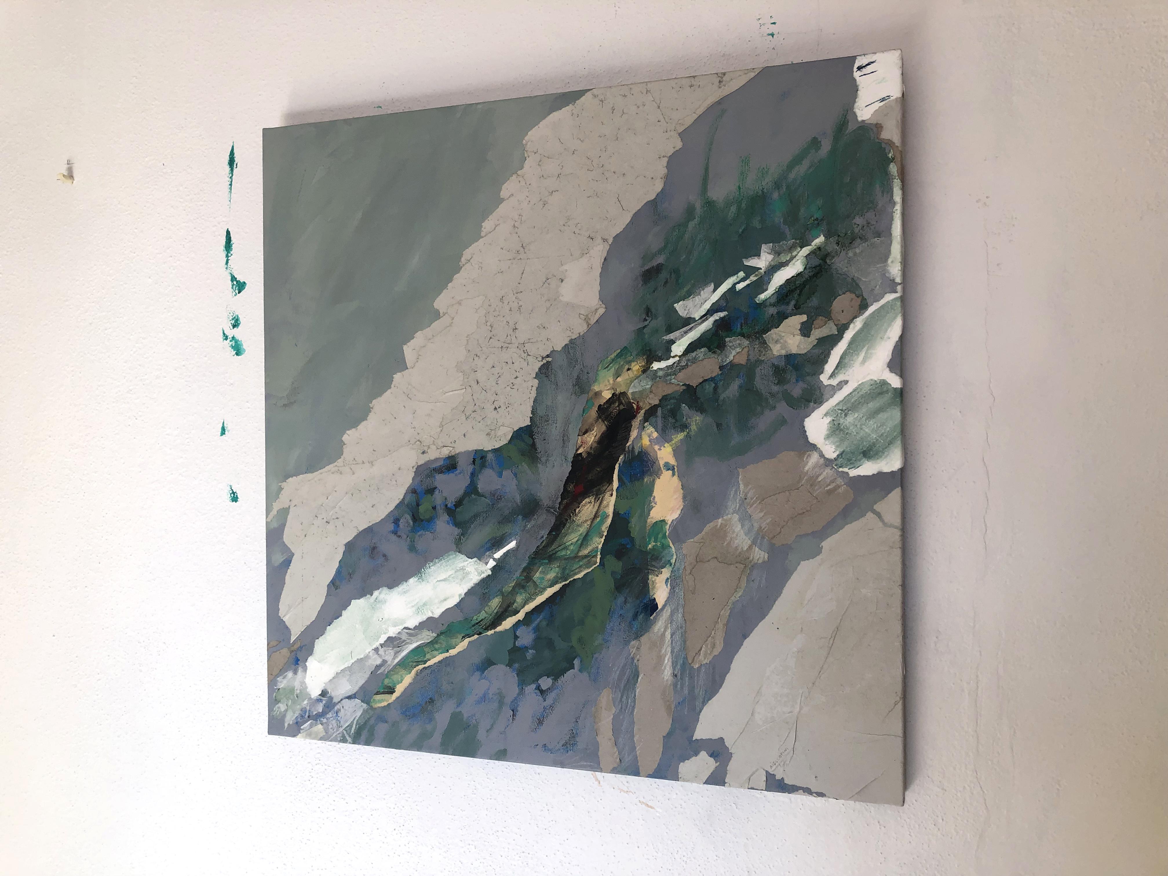 « Torrent » - Peinture abstraite sur toile texturée en techniques mixtes et collages, 2021 en vente 12
