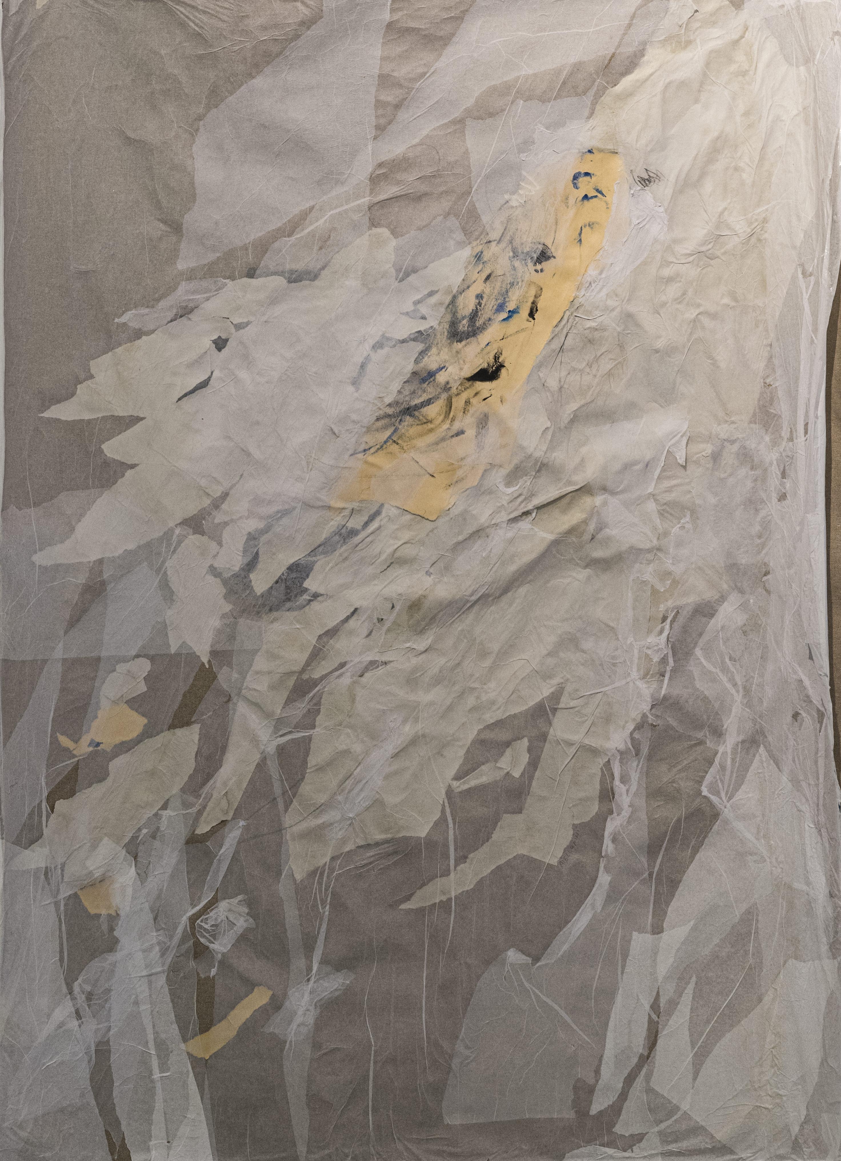 Modernes, elegantes und originelles Gemälde in Mischtechnik (Acryl, Pastell, Bleistift und Collage) auf ungespannter Leinwand mit unregelmäßiger Form.

Durch Überlagerungen und Transparenzen schafft die zeitgenössische Künstlerin Federica Aiello