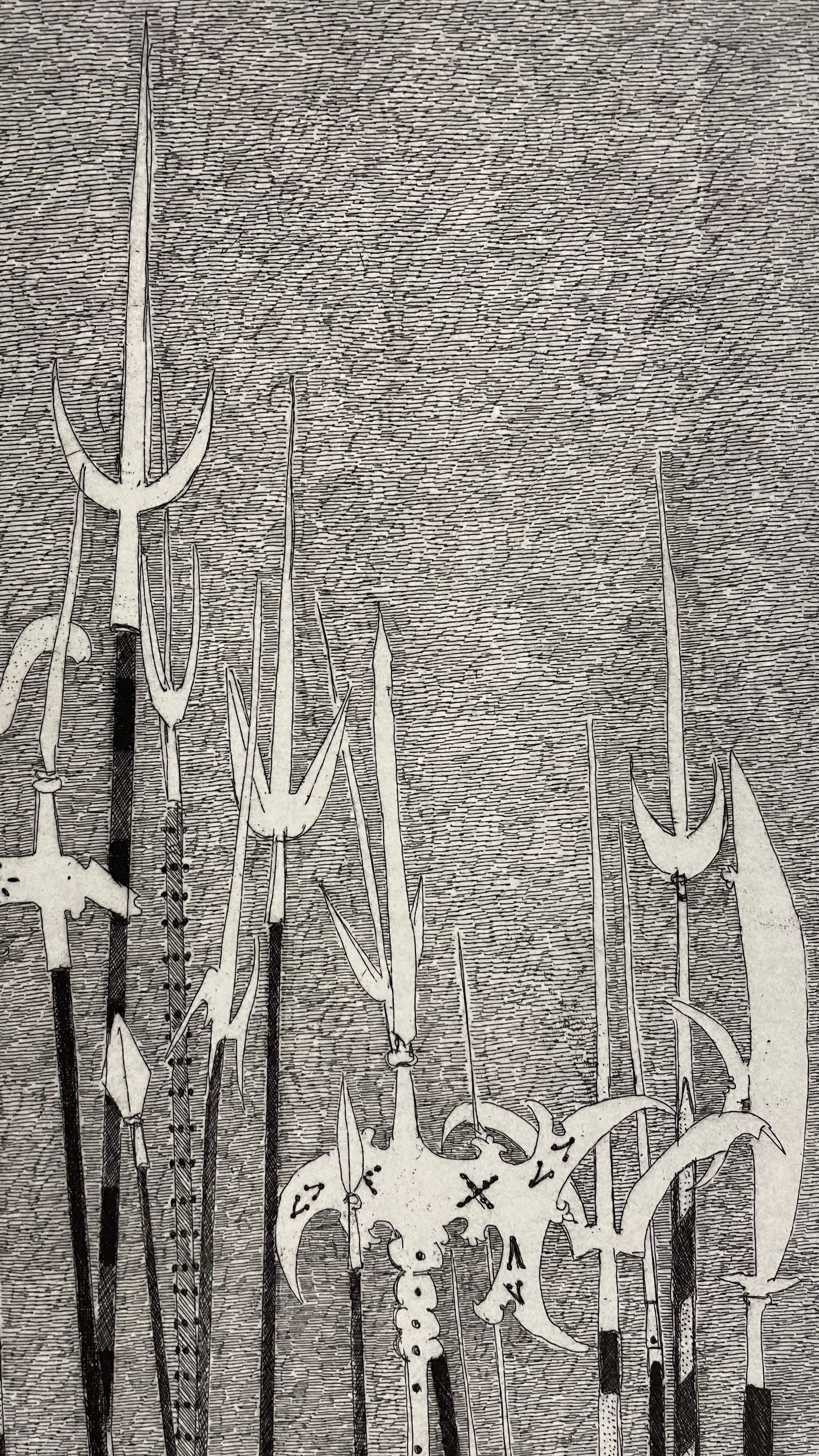Antique halberds with finely decorated handles arranged on the wooden rack - Print by Federica Galli
