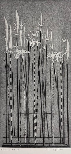 Antike Bargello-Beine mit fein verzierten Henkeln, angeordnet auf dem Holzrahmen