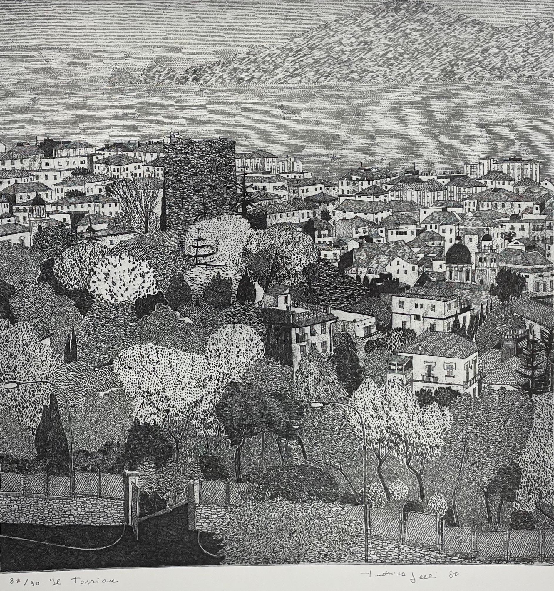 Grabado en blanco y negro de un paisaje dominado por una poderosa torre, del grabador italiano - Print de Federica Galli