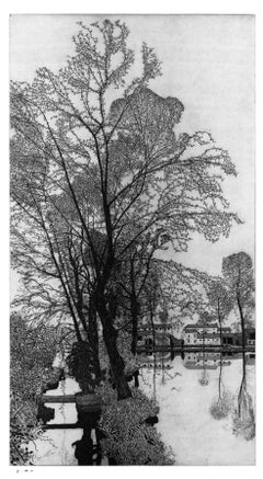 Paesaggio italiano di tipica architettura lombarda realizzato da un maestro incisore italiano