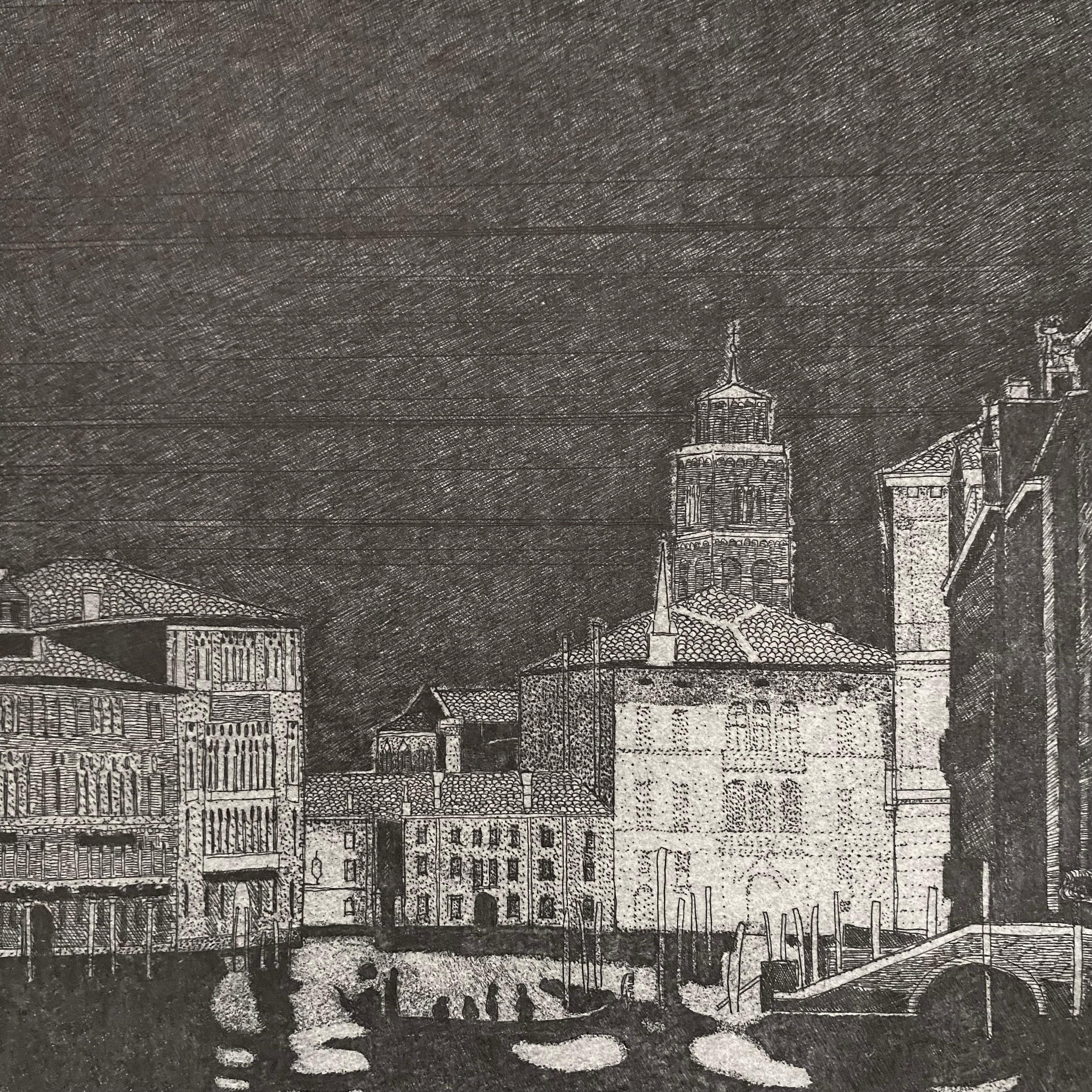 Noche Canal Grande en Venecia - paisaje contemporáneo en blanco y negro por F. Galli en venta 2