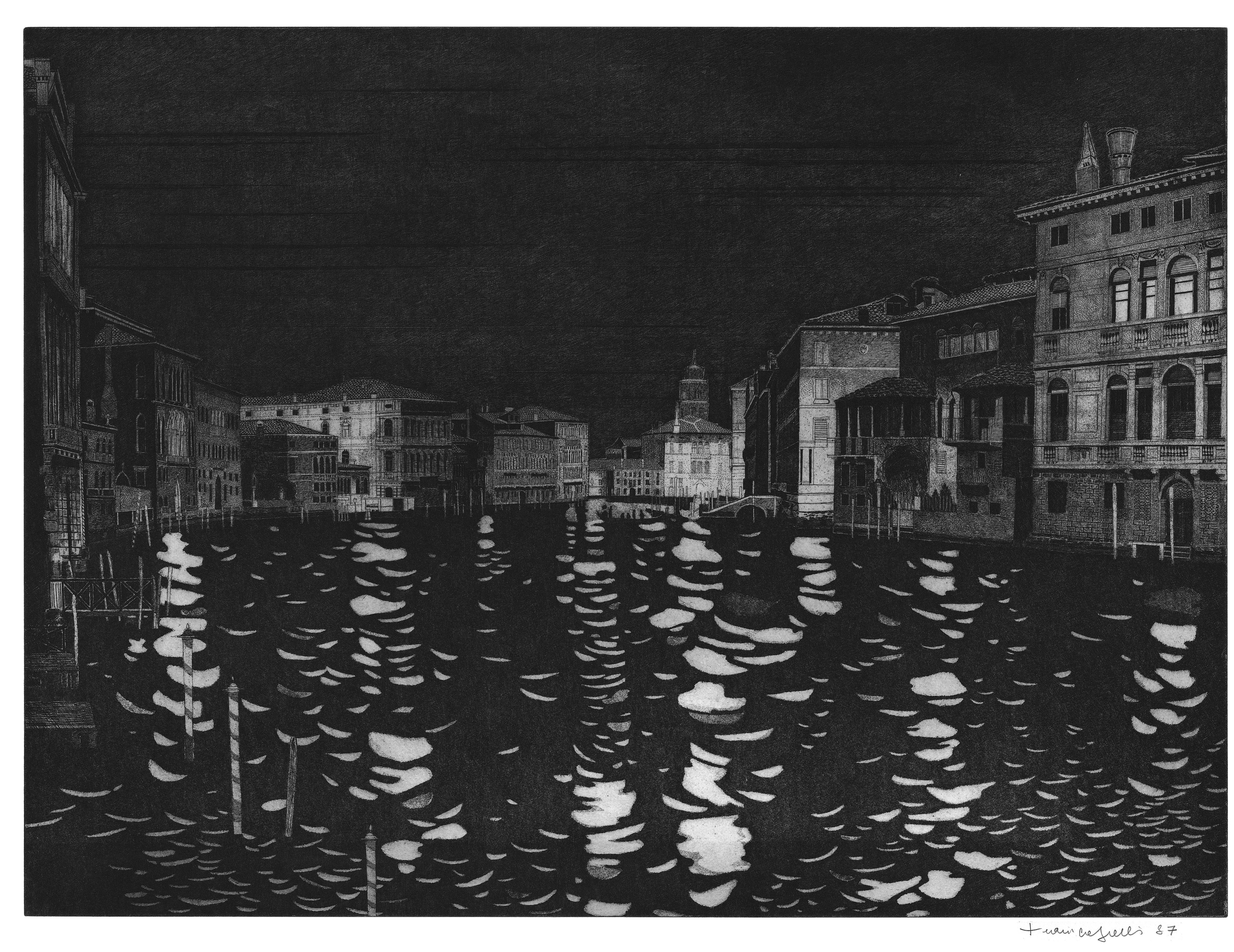 Night Canal Grande in Venice - contemporary black white landscape by F. Galli - Print by Federica Galli