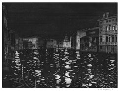 Vintage Night Canal Grande in Venice - contemporary black white landscape by F. Galli