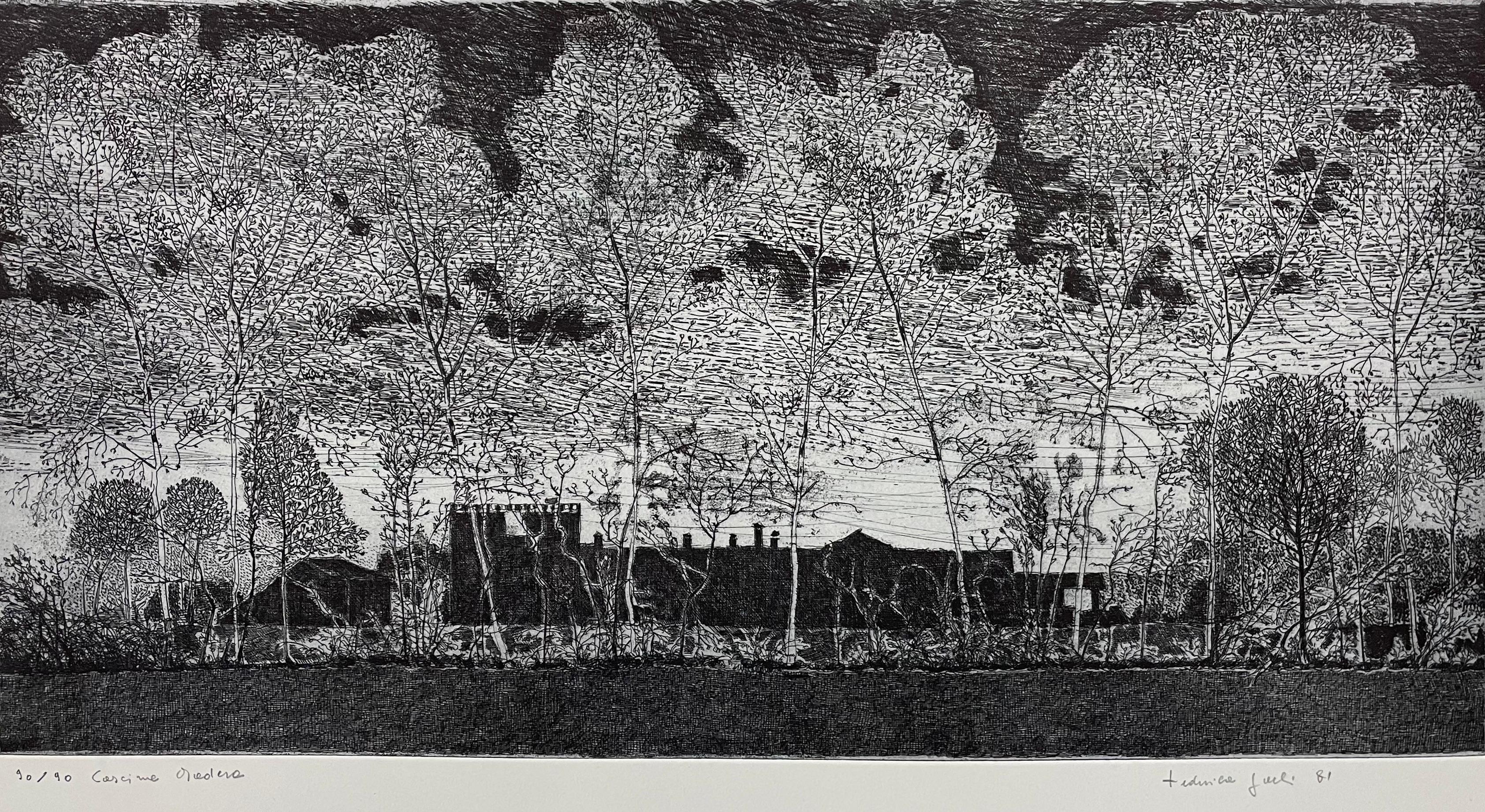 Night view of the black outline of a  farmhouse and trees crossed by wires - Print by Federica Galli