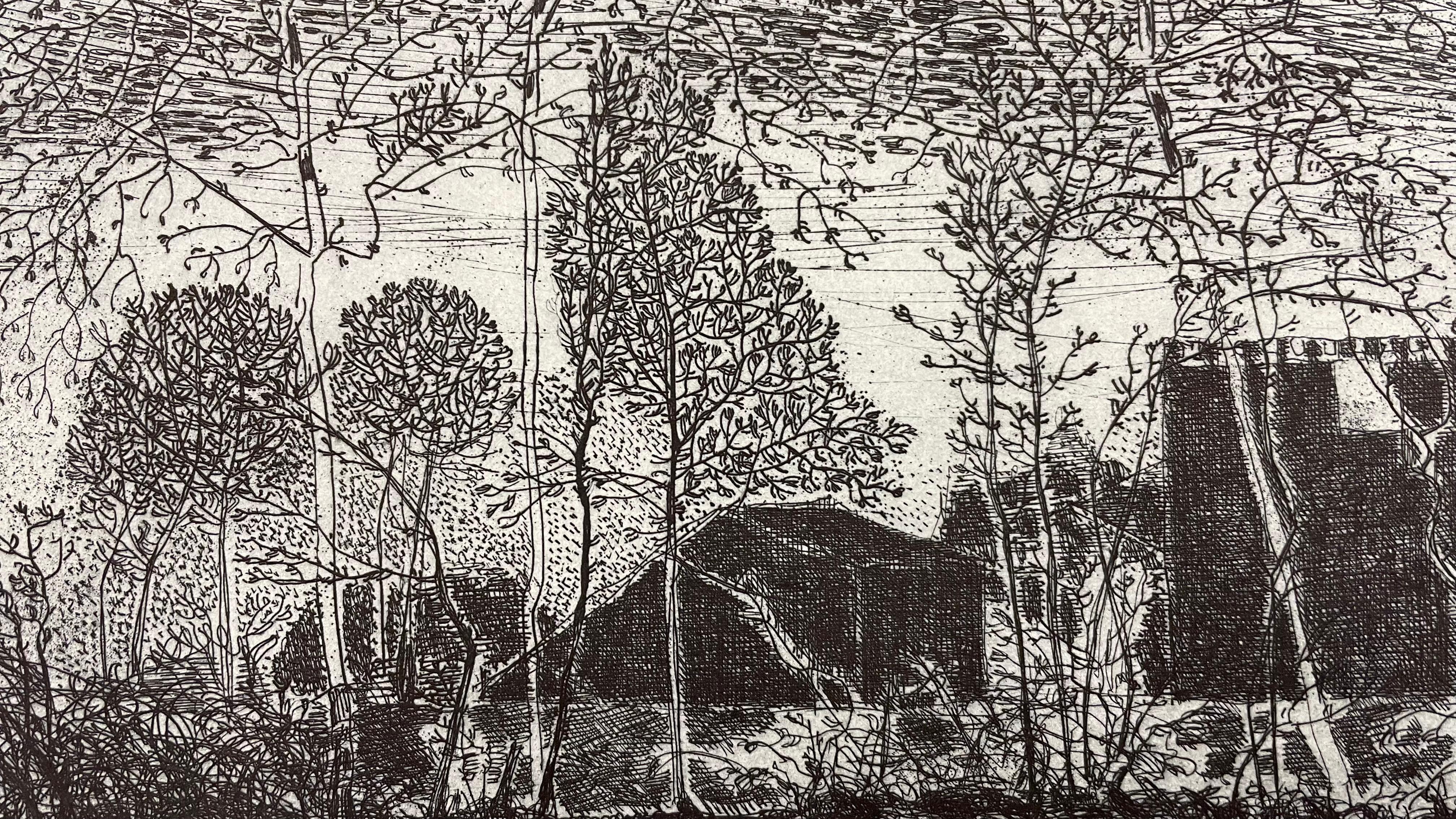 Night view of the black outline of a  farmhouse and trees crossed by wires - Realist Print by Federica Galli