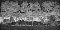 Vintage Night view of the black outline of a  farmhouse and trees crossed by wires