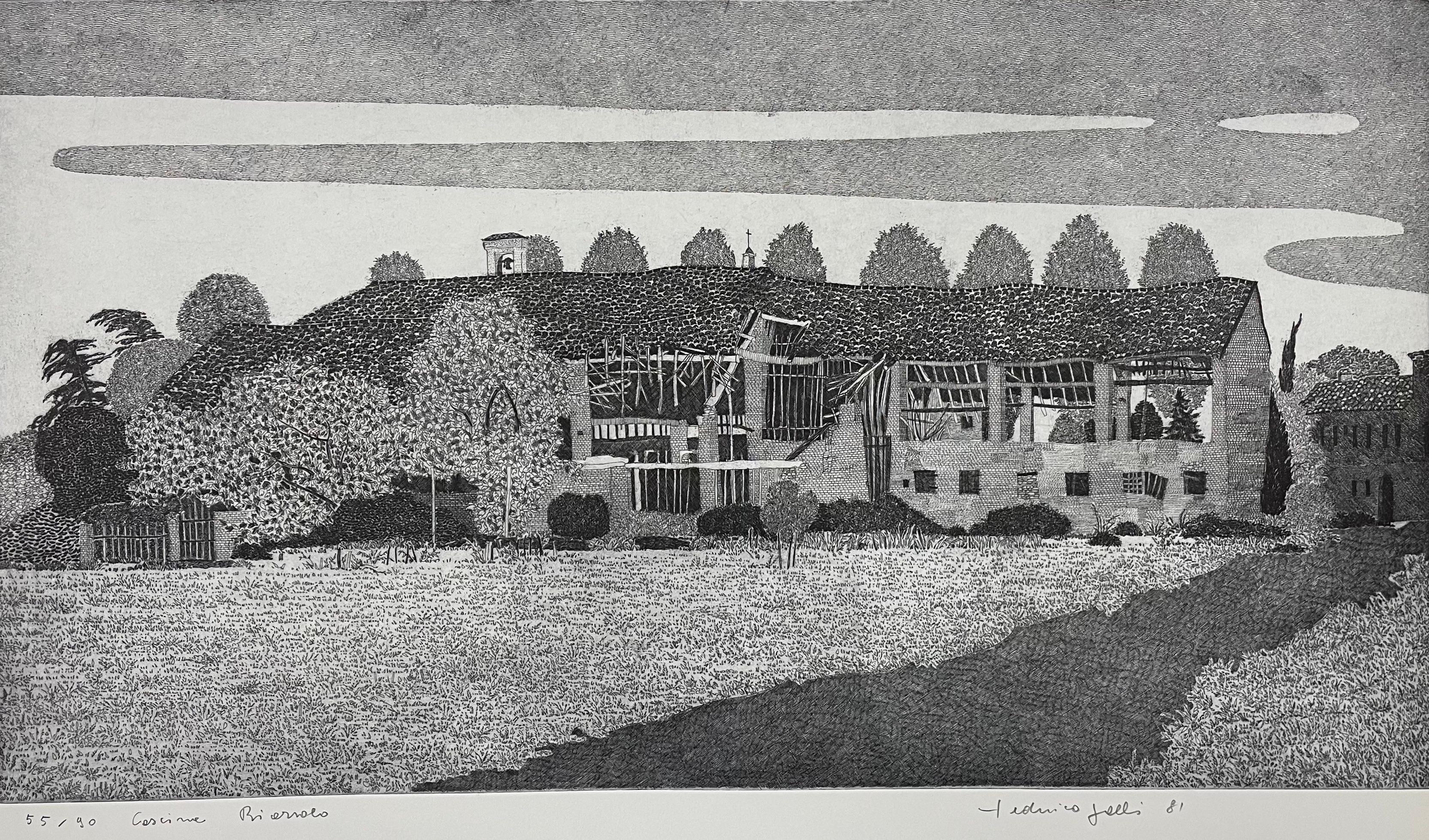 Old farmhouse in the surrounding countryside of Milan etched by italian engraver - Print by Federica Galli