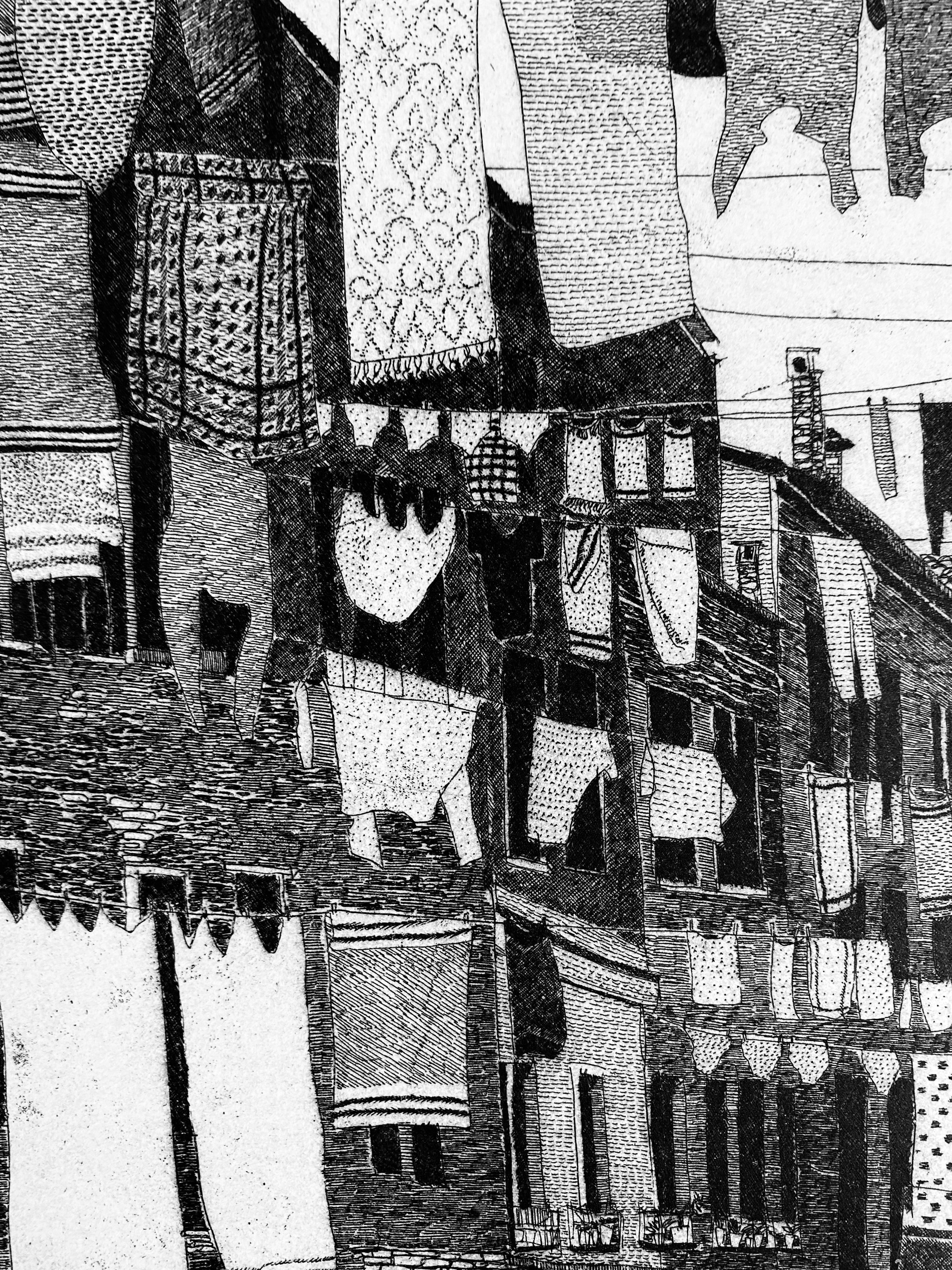 Poetic Venice etching landscape of daily italian city routine   - Print by Federica Galli