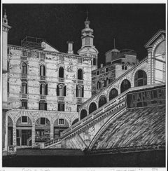 bridge du Rialto à Venise, gravure romantique contemporaine, gravure à l'eau-forte de Federica Galli 