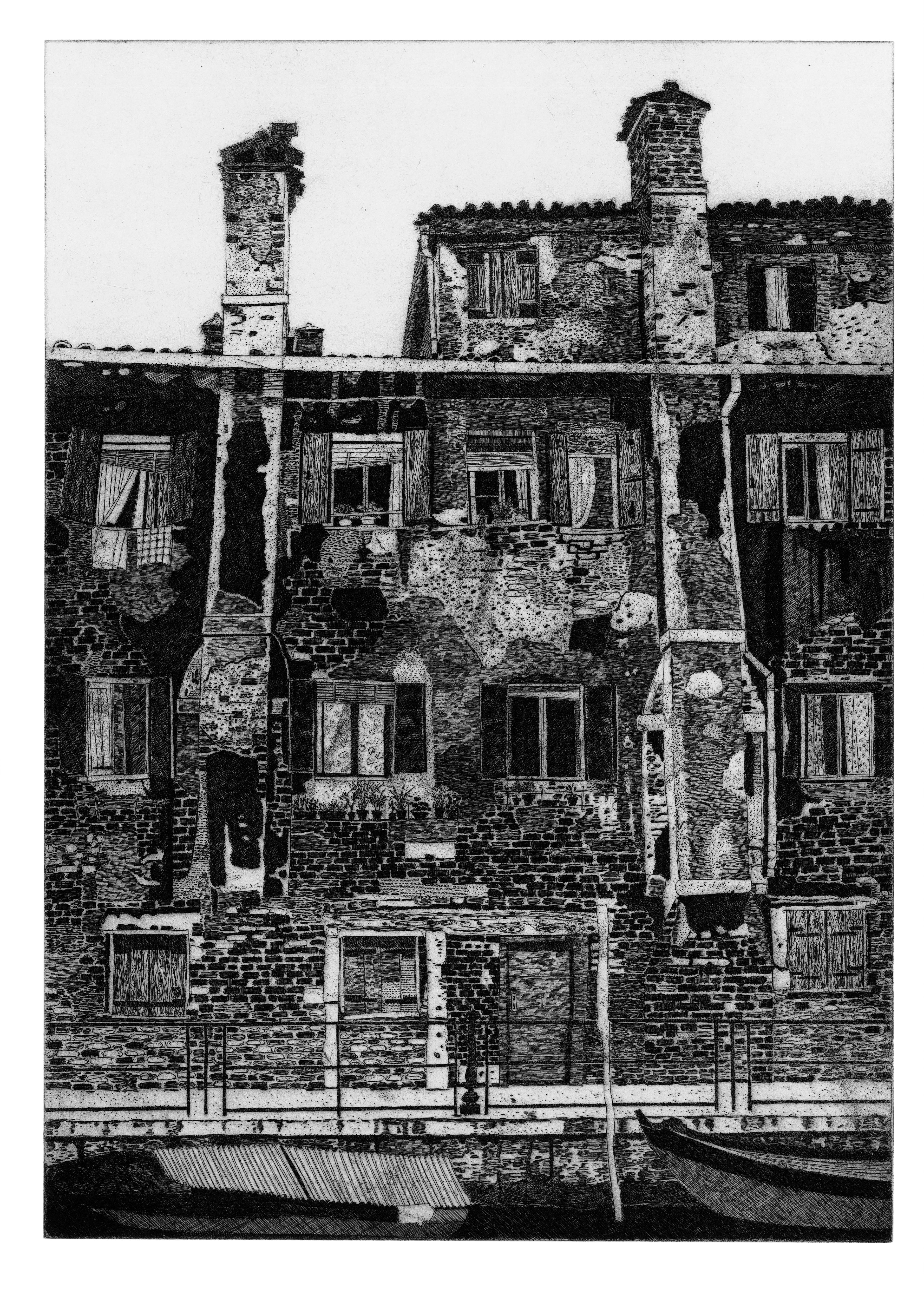 Romantic Venice, Italian, corner. Black white print on paper. Nowaday grand Tour