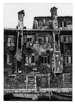 Vintage Romantic Venice, Italian, corner. Black white print on paper. Nowaday grand Tour