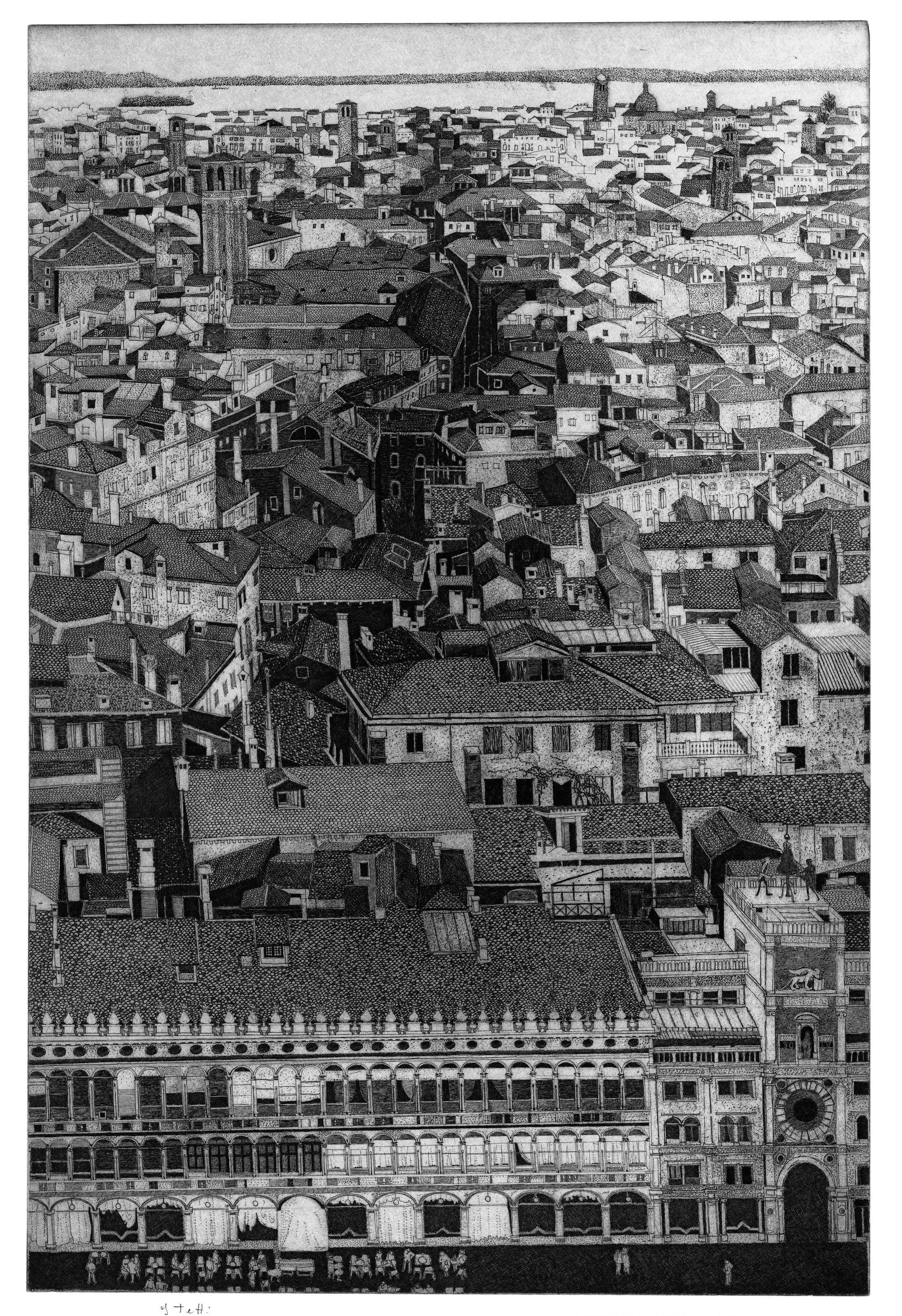 Federica Galli Landscape Print - Roofs in Venice, S. Marco place, etching by Italian F. Galli. Limited edition