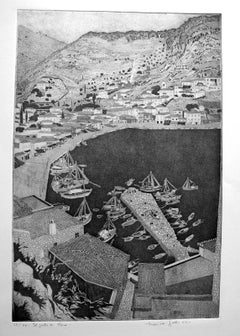 Il porto di Idra - Acquaforte di Federica Galli - 1962