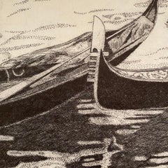 Three gondole in Venice - Black White etched landscape by iconic Federica Galli
