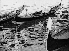 Three gondole in Venice - Black White etched landscape by iconic Federica Galli