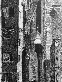 Venice, Calle della Madonna, 1983. Black white etching print by Federica Galli
