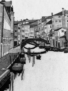 Venice contemporary canal water view, black white etching by Federica Galli
