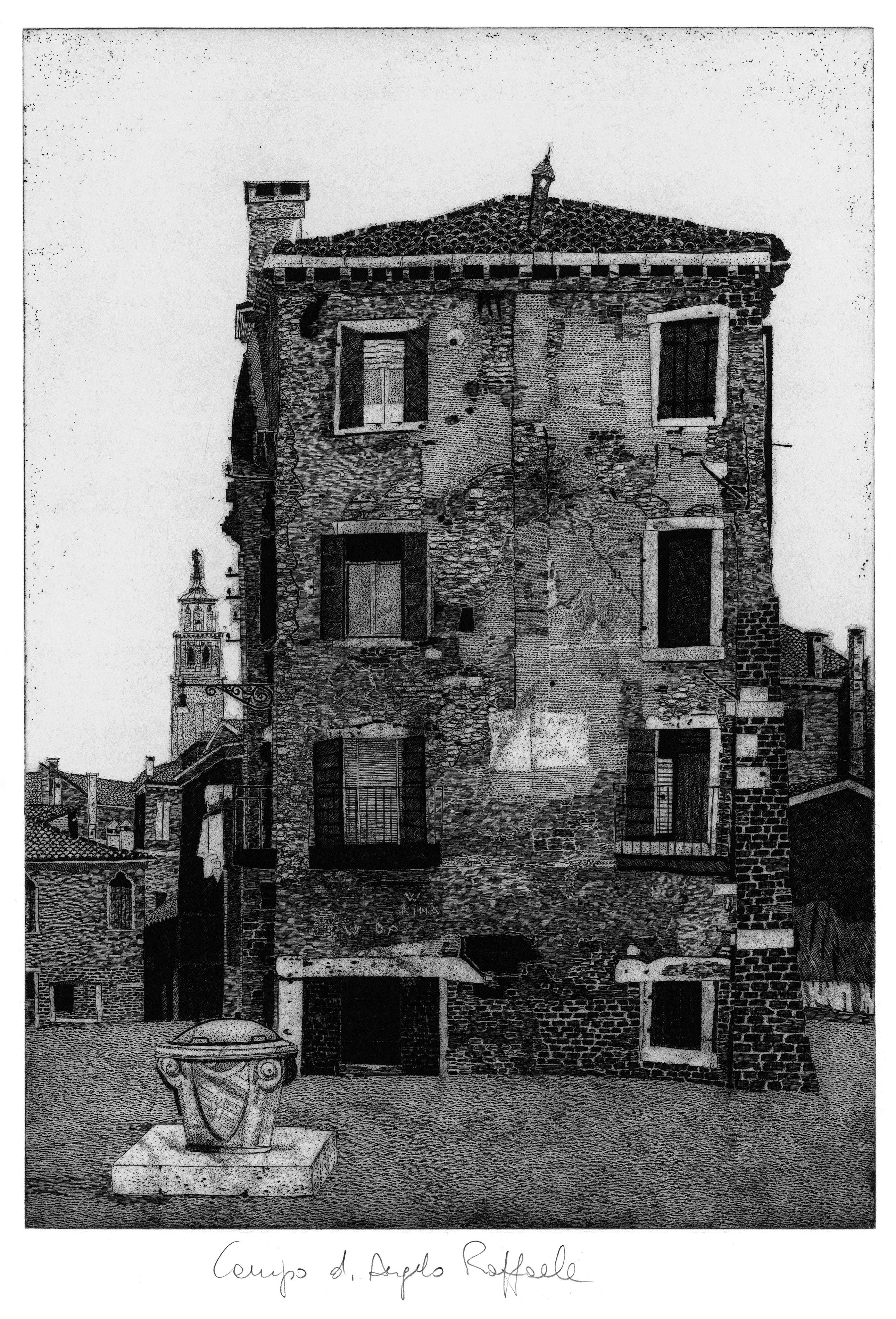 Zeitgenössische Ansicht von Venedig, Campo S. Raffaele, Schwarz-Weiß-Druck von Federica Galli