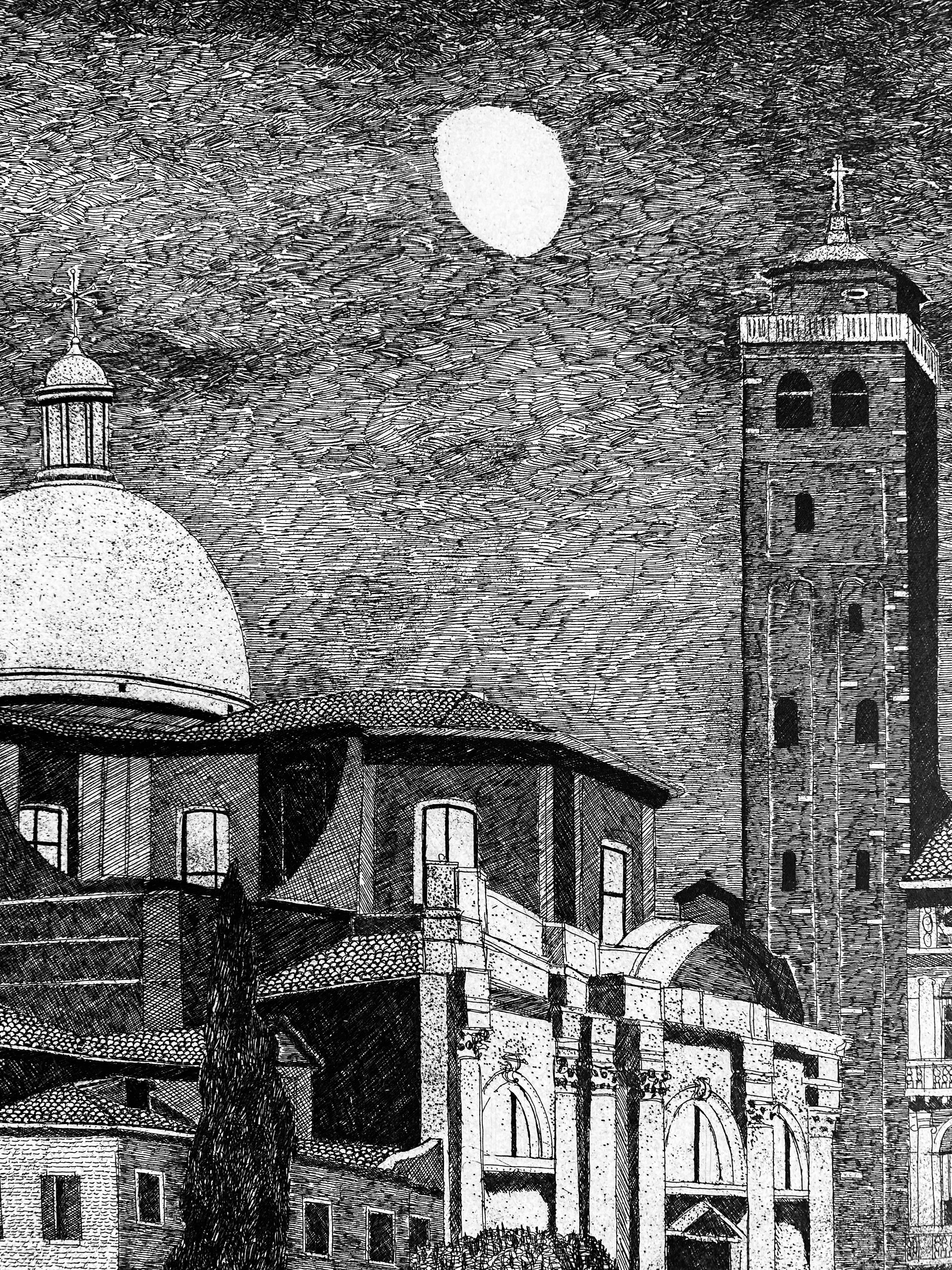 Nocturne landscape of Venezia, Cannaregio and Palazzo Labia, with the moon, rif. 543

The etching was exhibited last year in the critical retrospective that the city of Milan promoted and set up to mark the tenth anniversary of her death. Milan's