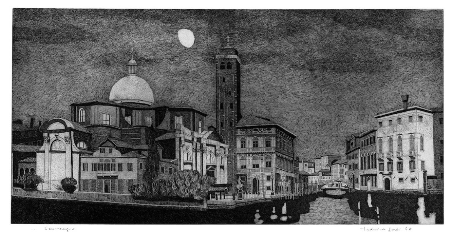 Paisaje nocturno de Venecia, Cannaregio y Palacio Labia, con la luna, rif. 543

El grabado se expuso el año pasado en la retrospectiva crítica que la ciudad de Milán promovió y organizó con motivo del décimo aniversario de su muerte. Para la