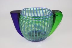 Mid-Century Italian Murano Transparent Glass Vase with Green and Blue Filigree