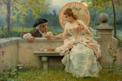 Antique A Tender Moment in a Garden (In Love) Oil on canvas