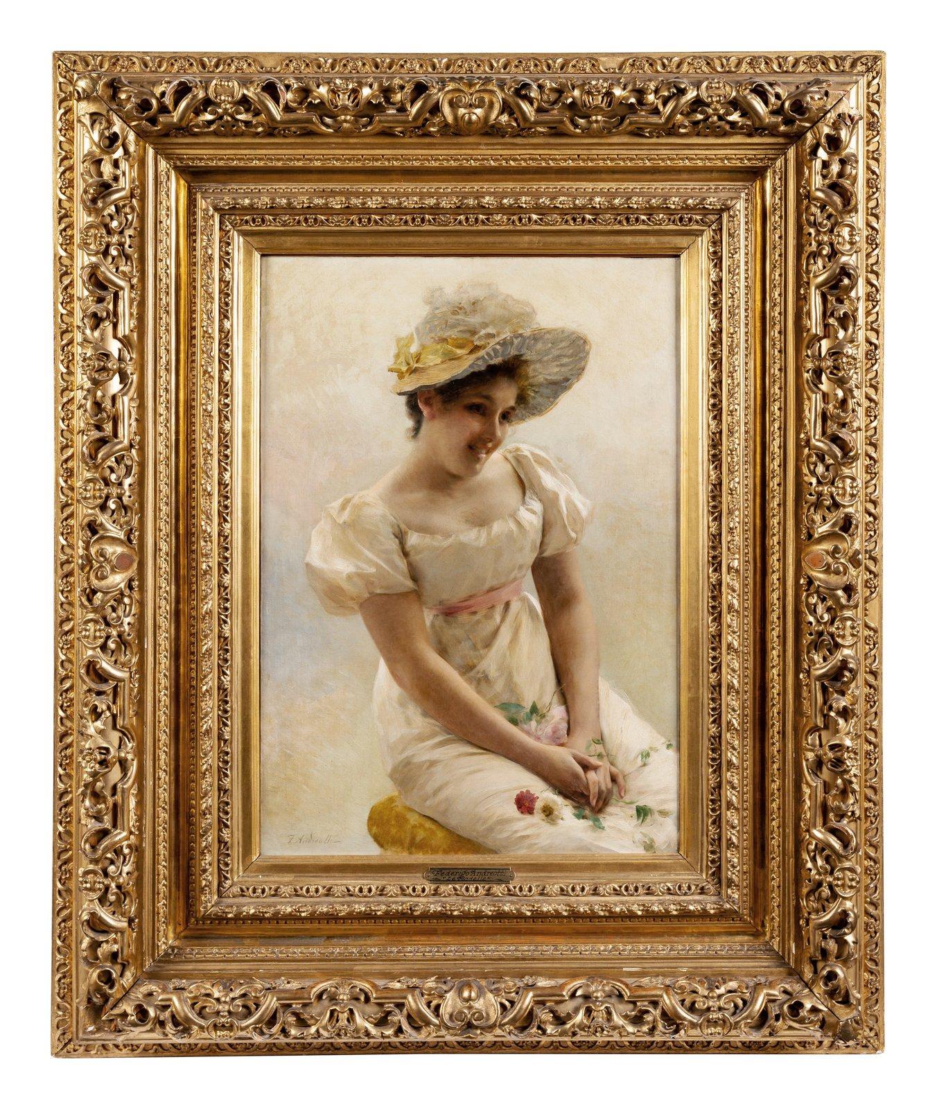 Federico Andreotti,  (Italien, 1847-1930)                                                      
"Le modèle"
Huile sur toile
Signé F. Andreotti (en bas à gauche) ; signé et inscrit (châssis)
Dimensions 24 x 17 1/4 pouces - non encadré                