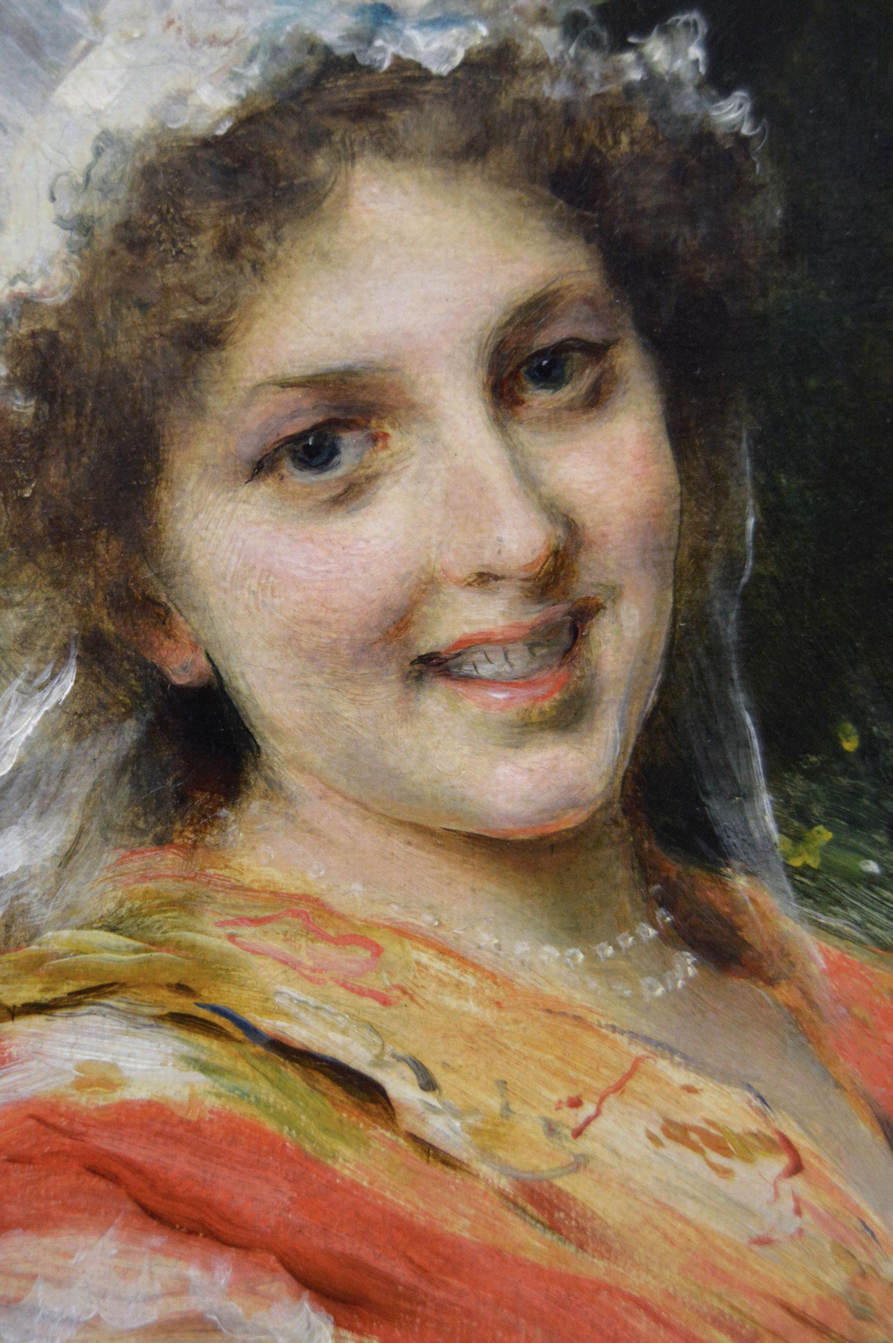 Pair of 19th Century portrait oil paintings of Italian women - Brown Portrait Painting by Federico Andreotti