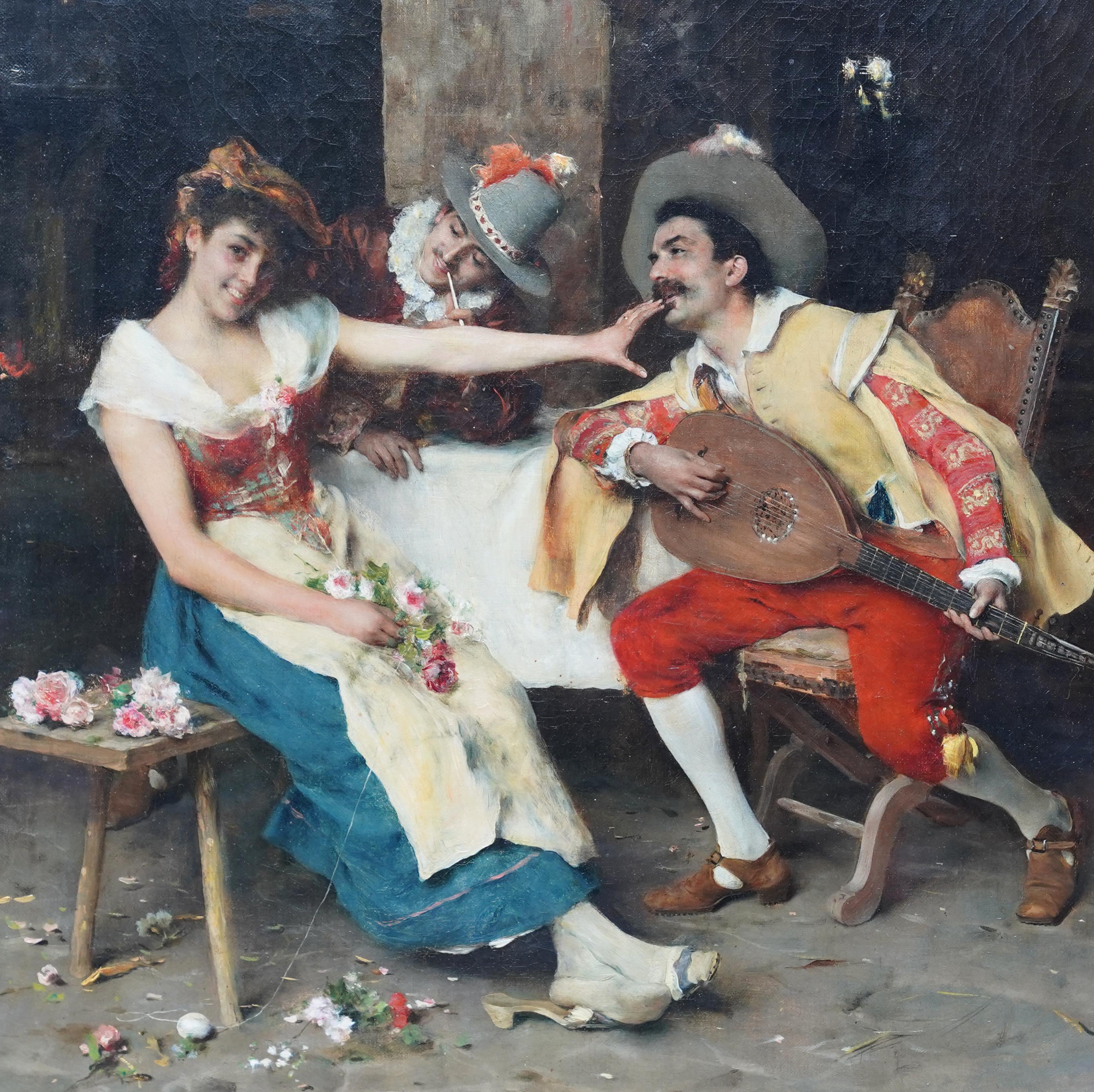 This lovely Victorian 19th century figurative oil painting is by Italian artist Frederick Andreotti. Painted circa 1880 it is a lovely playful depiction of a pretty seated young woman laughing as she is being serenaded by a musician.  It is a