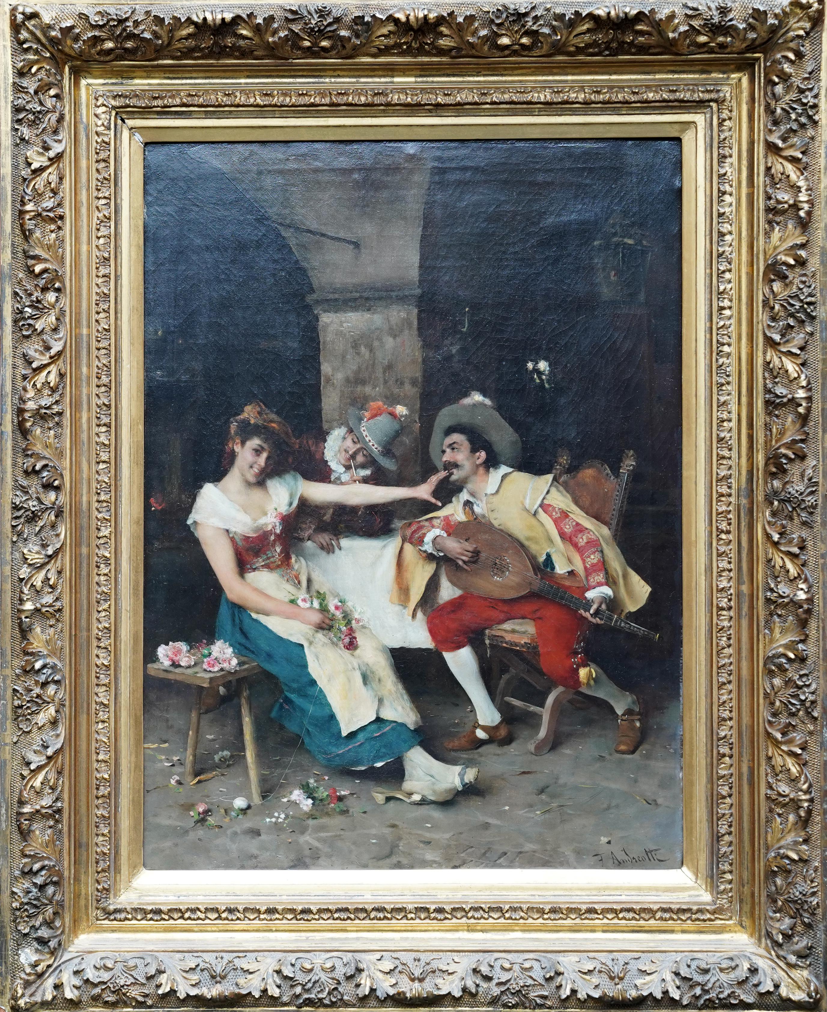 Federico Andreotti Figurative Painting – The Serenade - Italienische figurative Ölmalerei von Musikern aus dem 19. Jahrhundert