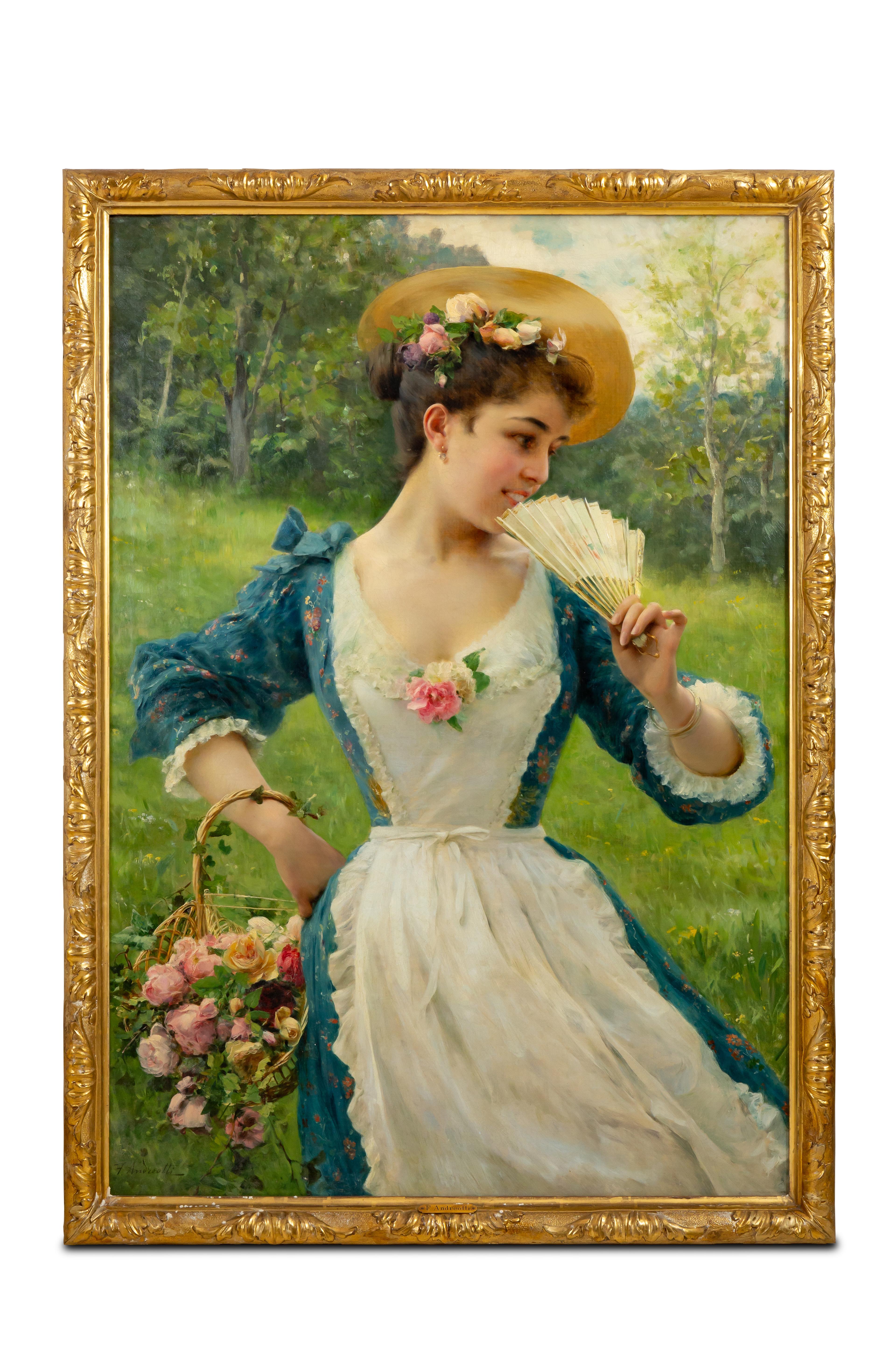Federico Andreotti Landscape Painting - (Reserved)Young beauty with a basket of roses, signed F. Andreotti