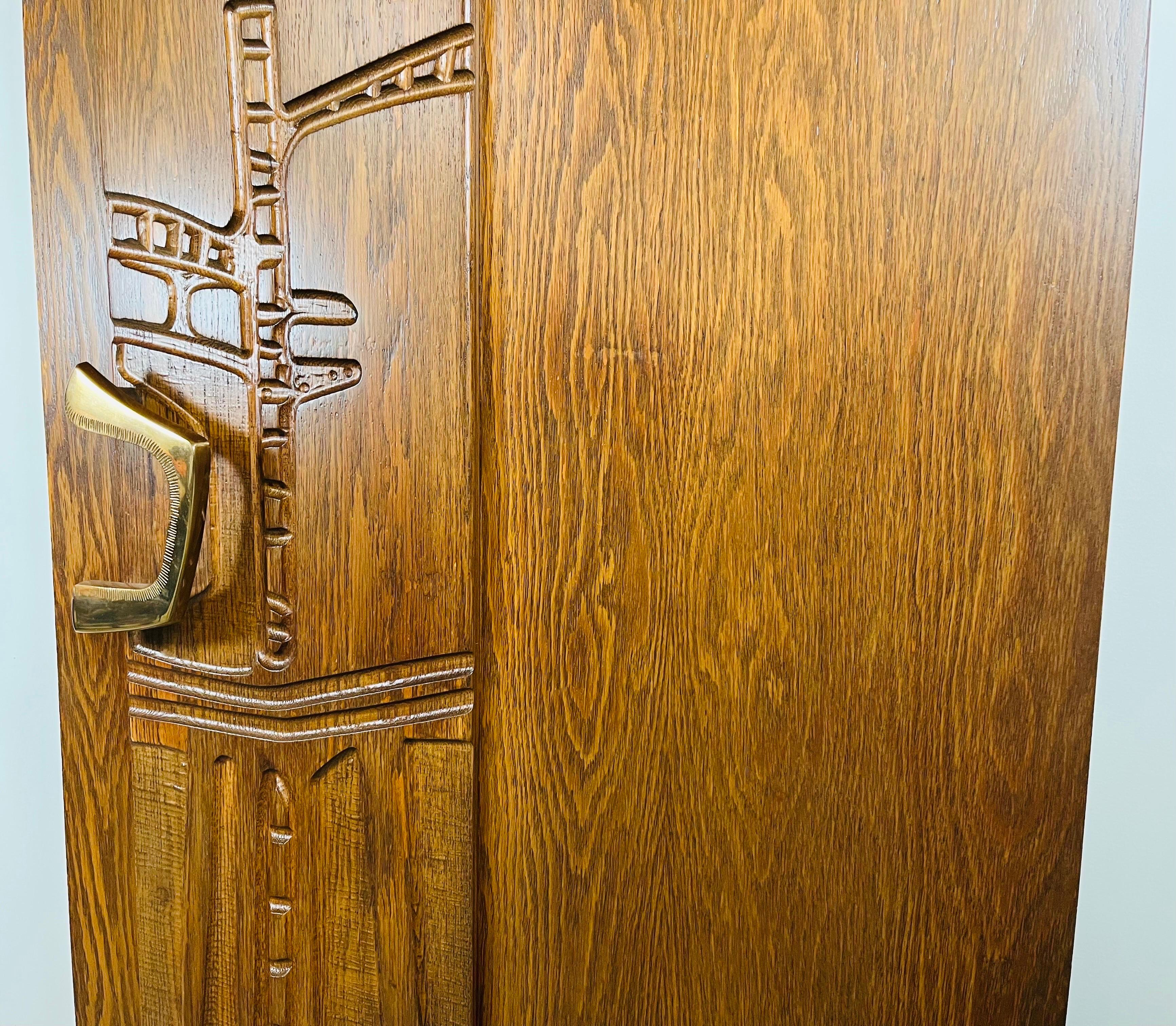 Mid-Century Modern Federico Armijo Carved Oak Interior Door With Custom Bronze Pulls  For Sale