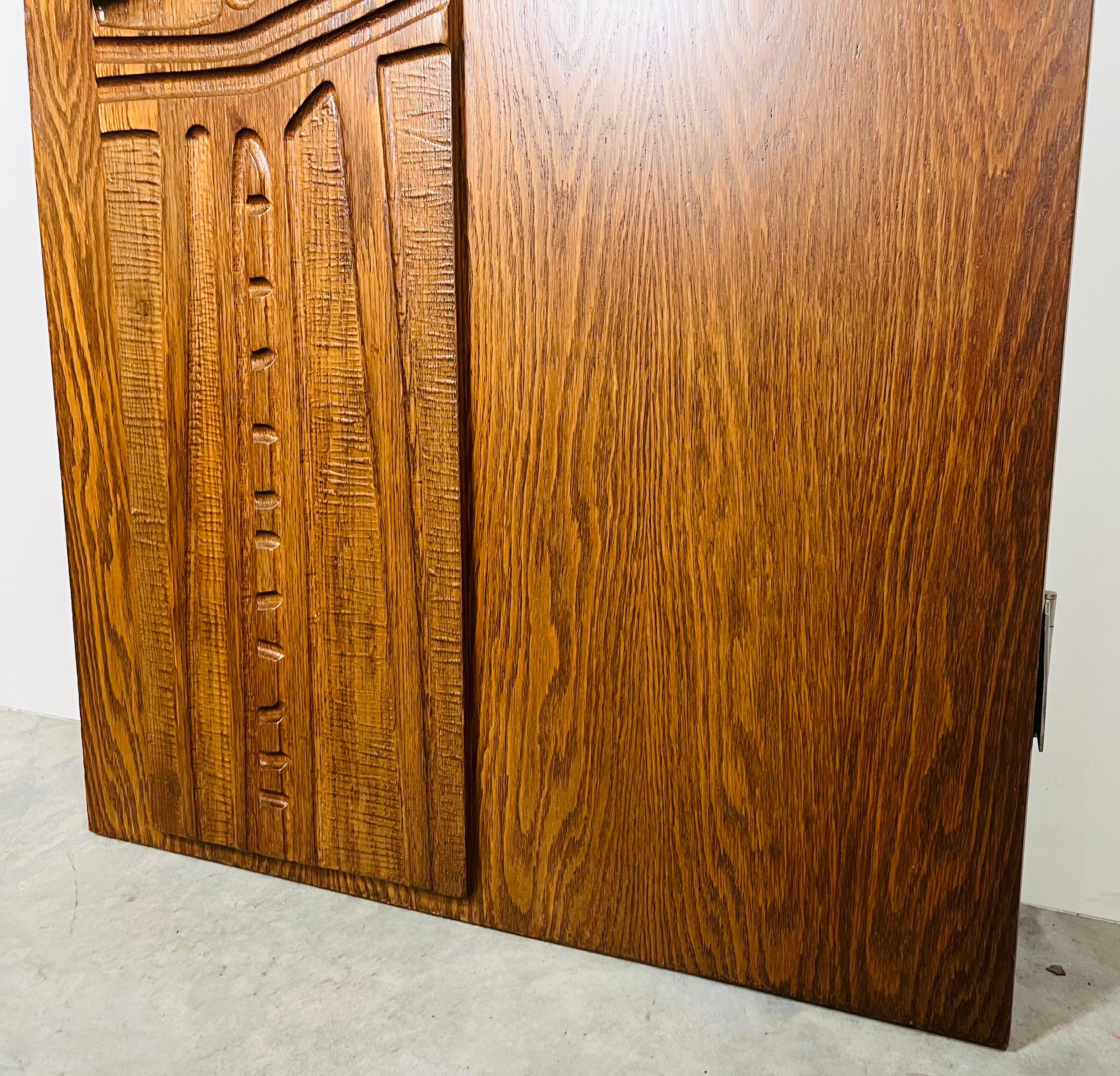 American Federico Armijo Carved Oak Interior Door With Custom Bronze Pulls  For Sale