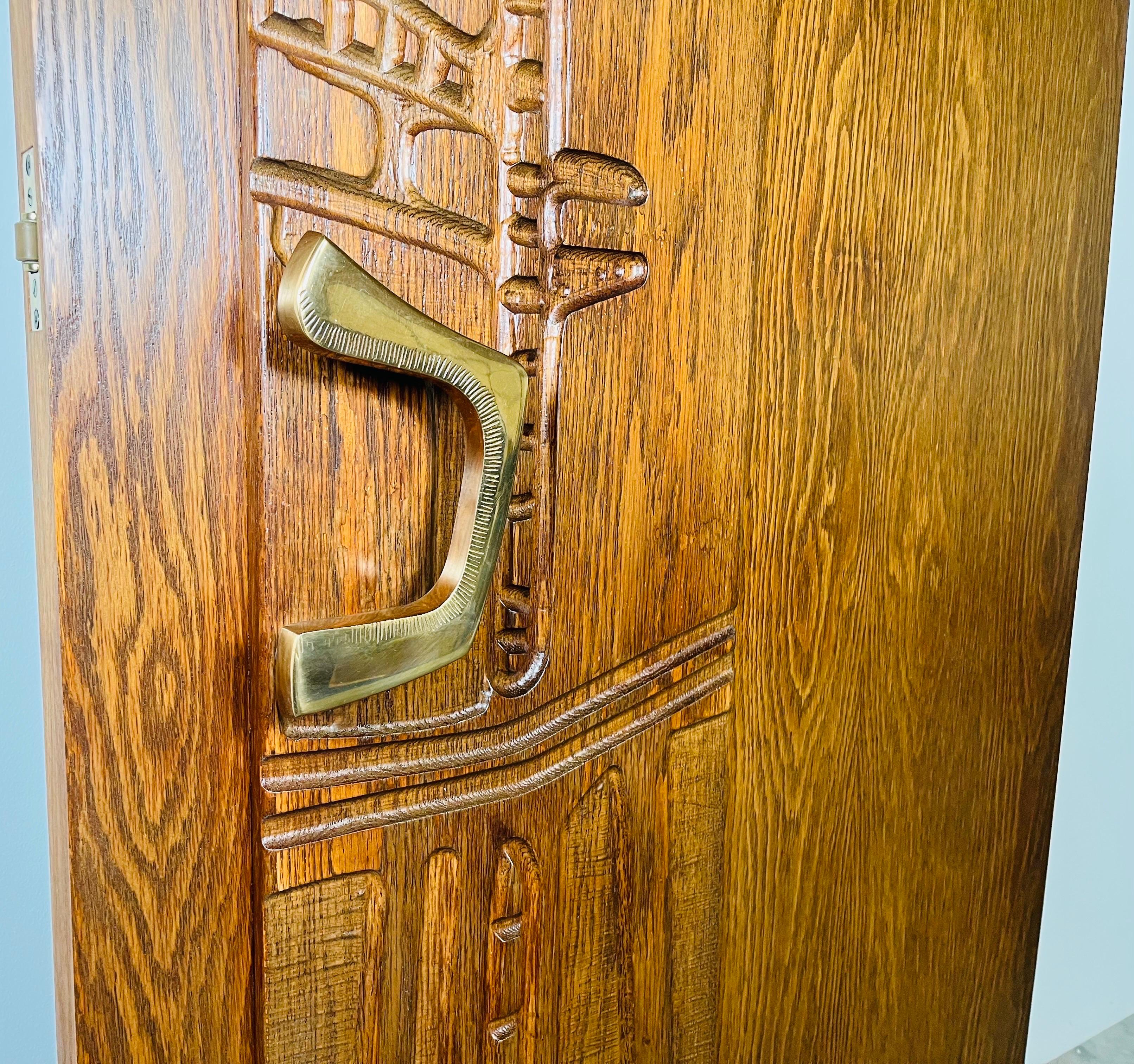 Federico Armijo Carved Oak Interior Door With Custom Bronze Pulls  In Excellent Condition For Sale In Southampton, NJ