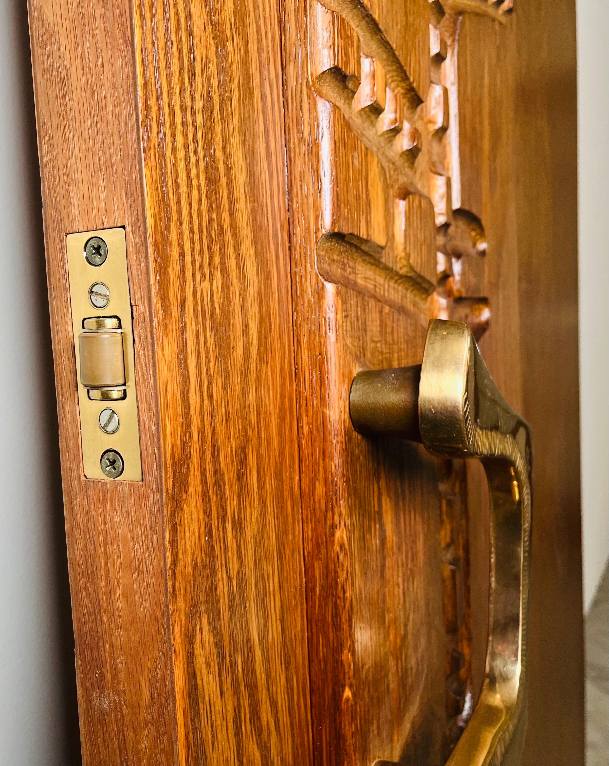 20th Century Federico Armijo Carved Oak Interior Door With Custom Bronze Pulls  For Sale