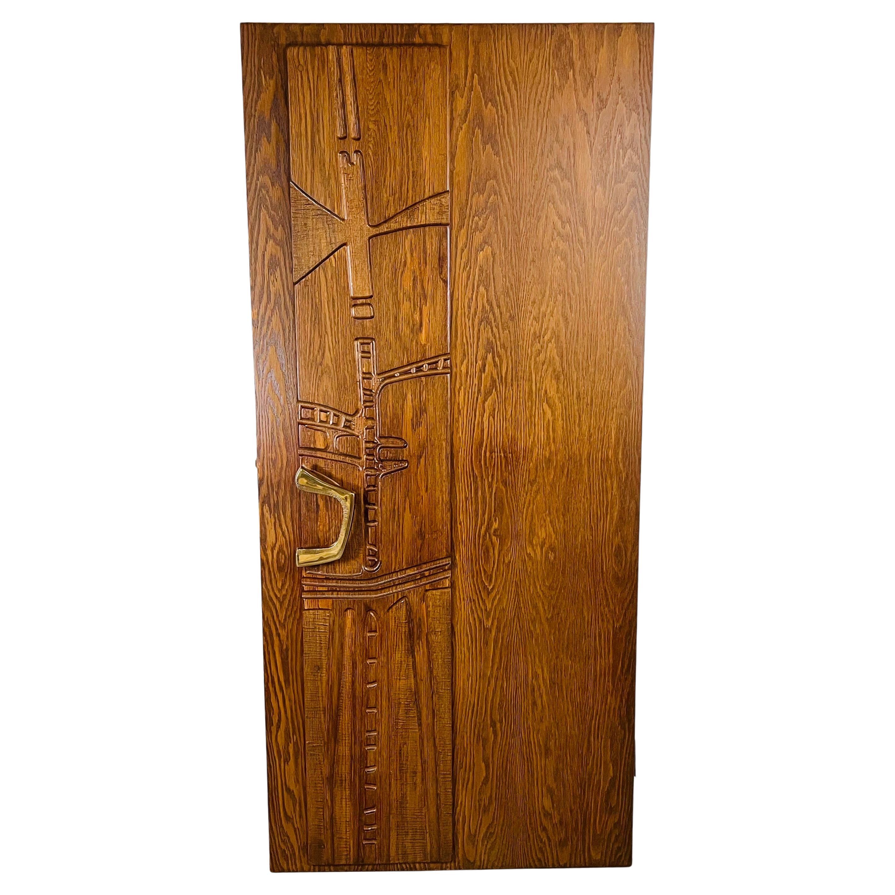 Federico Armijo Carved Oak Interior Door With Custom Bronze Pulls  For Sale