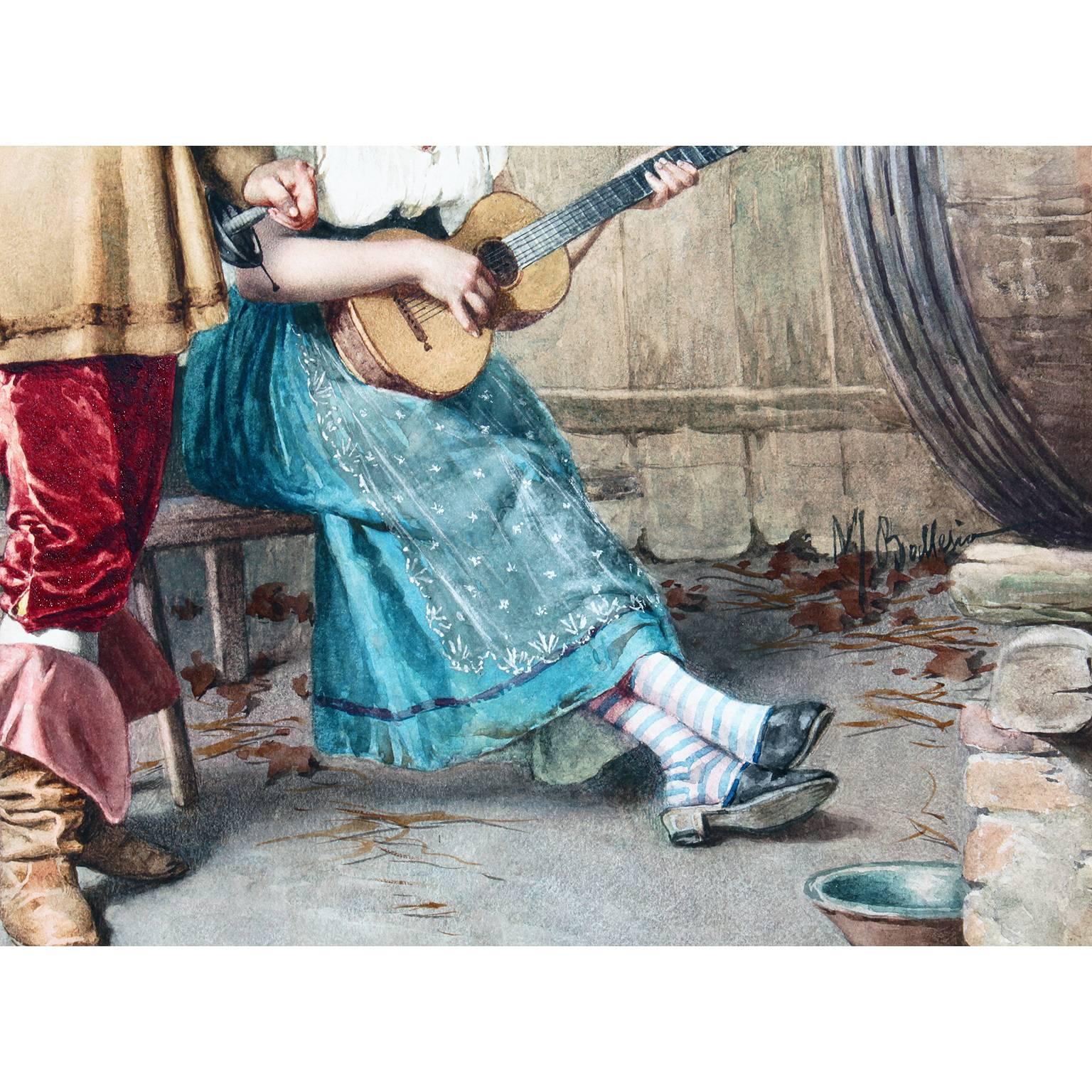 Hand-Painted Federico Ballesio Attributed 'Italian, 19th Century' Watercolor 