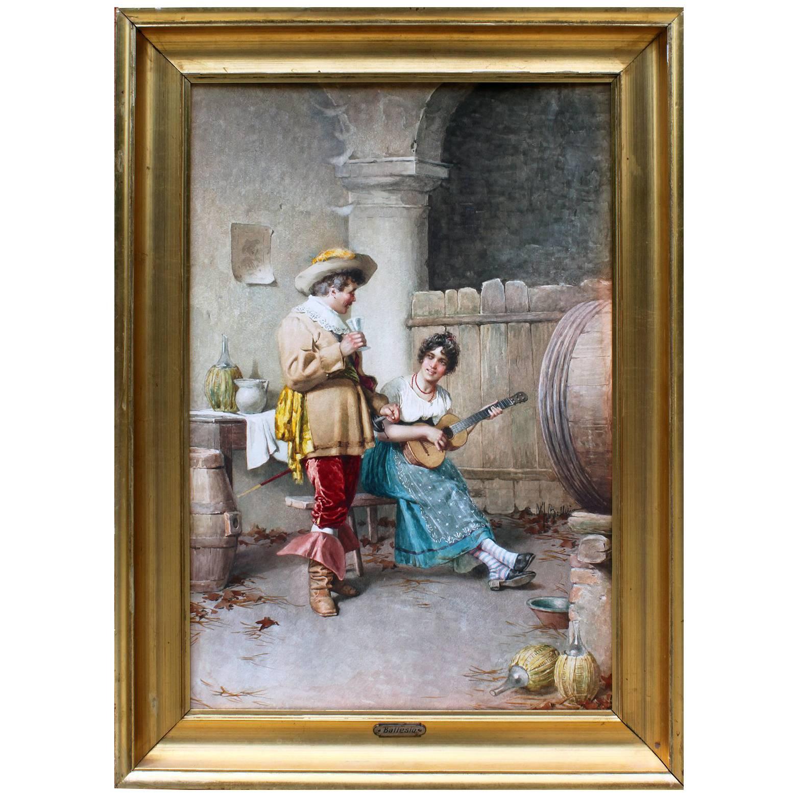 Acquerello "Il corteggiamento" attribuito a Federico Ballesio, Italia, XIX secolo