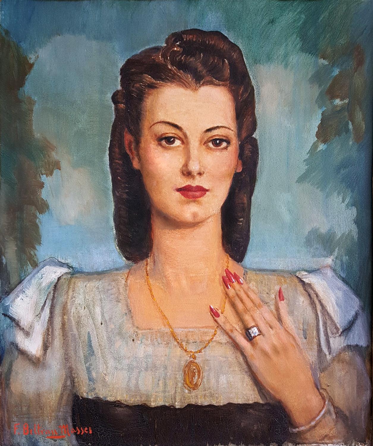 Federico Beltran Masses Portrait Painting – Lateinische Frau mit Juwelen, lateinische Frau  Art Deco