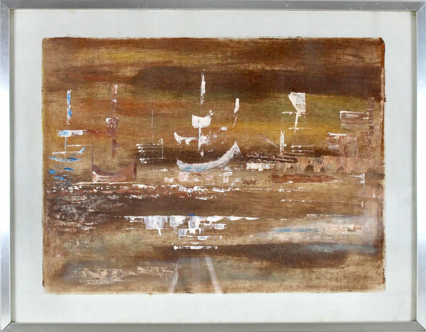 Boats in the harbor, peinture originale de Federico Castellon, surréaliste espagnol